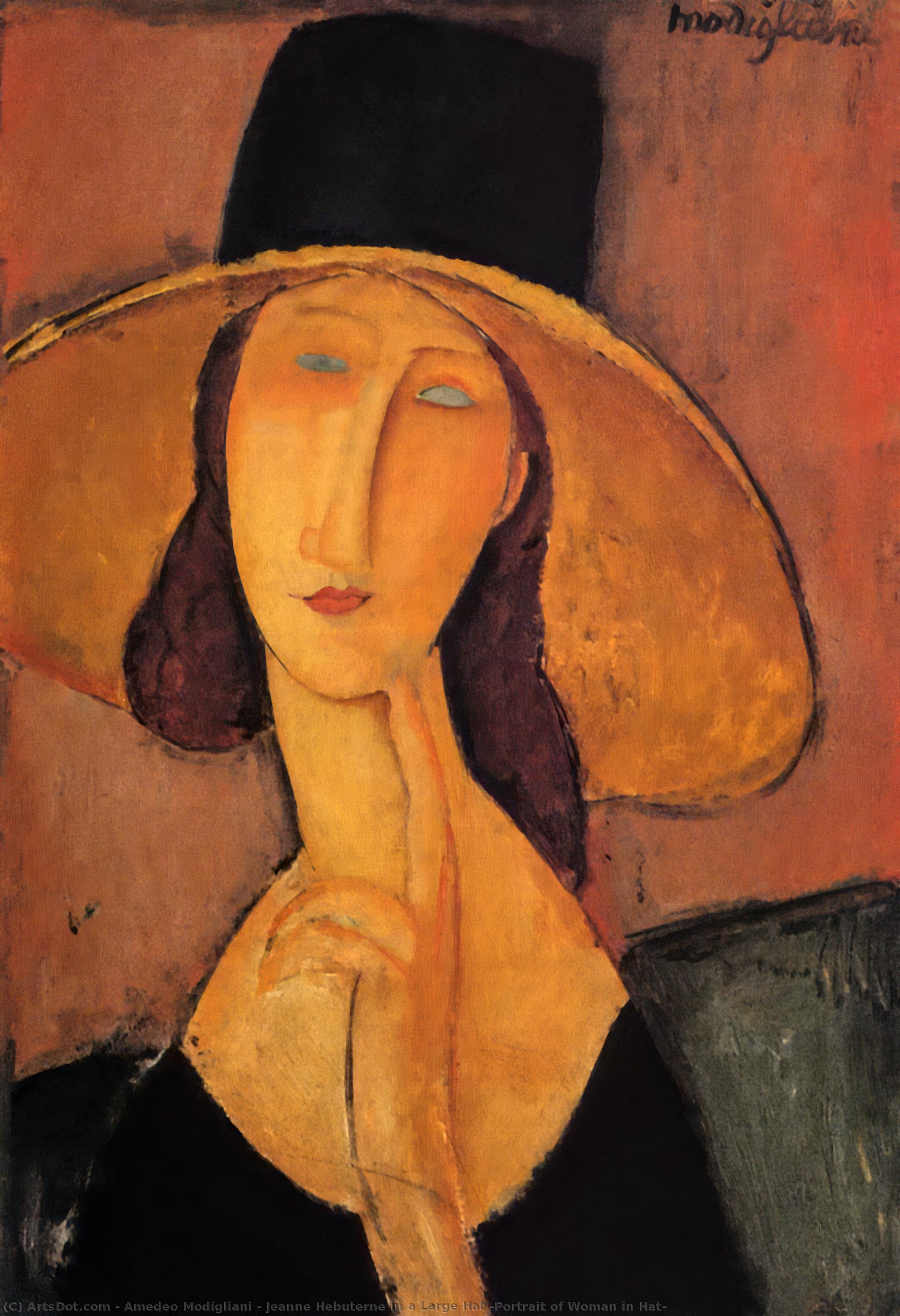 Order Art Reproductions Jeanne Hebuterne in a Large Hat (Portrait of Woman in Hat), 1918 by Amedeo Modigliani | ArtsDot.com