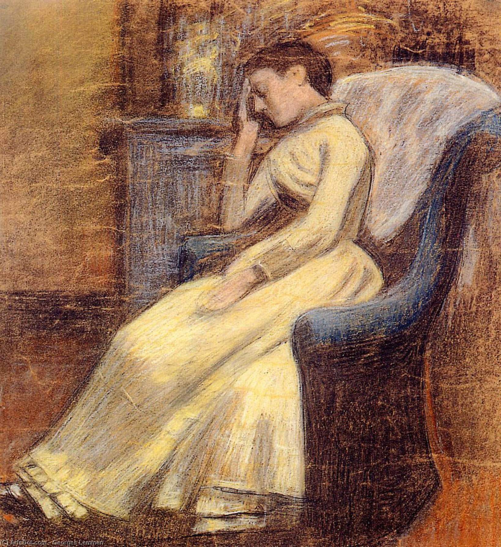 Order Paintings Reproductions Julie Lemmen Sleeping in an Armchair, 1884 by Georges Lemmen (1865-1916, Belgium) | ArtsDot.com
