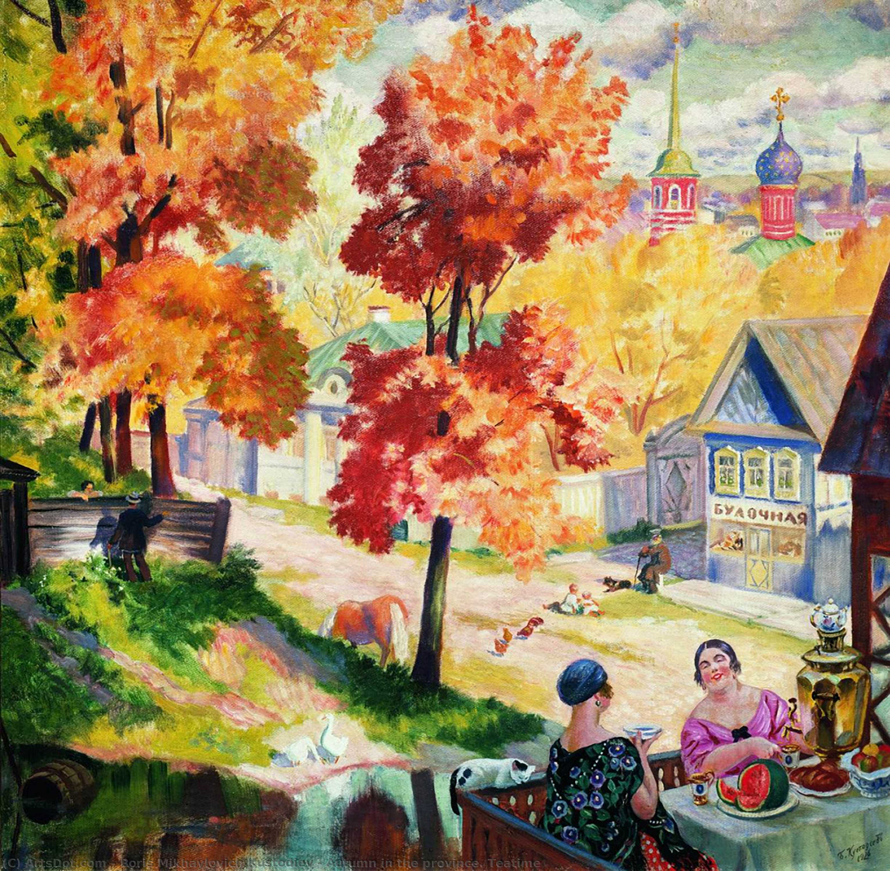 Buy Museum Art Reproductions Autumn in the province. Teatime, 1926 by Boris Mikhaylovich Kustodiev | ArtsDot.com