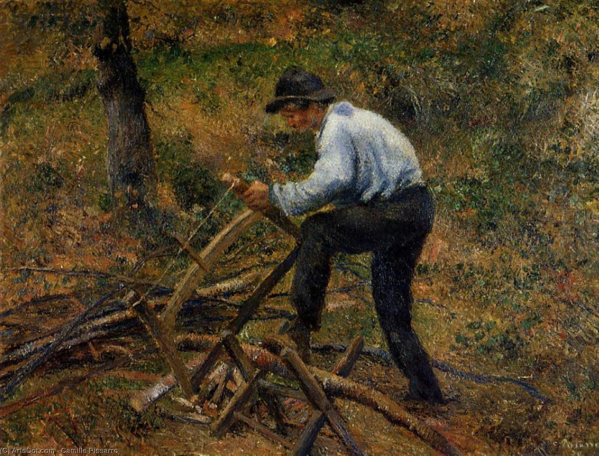 Order Oil Painting Replica Pere Melon Sawing Wood, Pontoise, 1879 by Camille Pissarro (1830-1903, United States) | ArtsDot.com