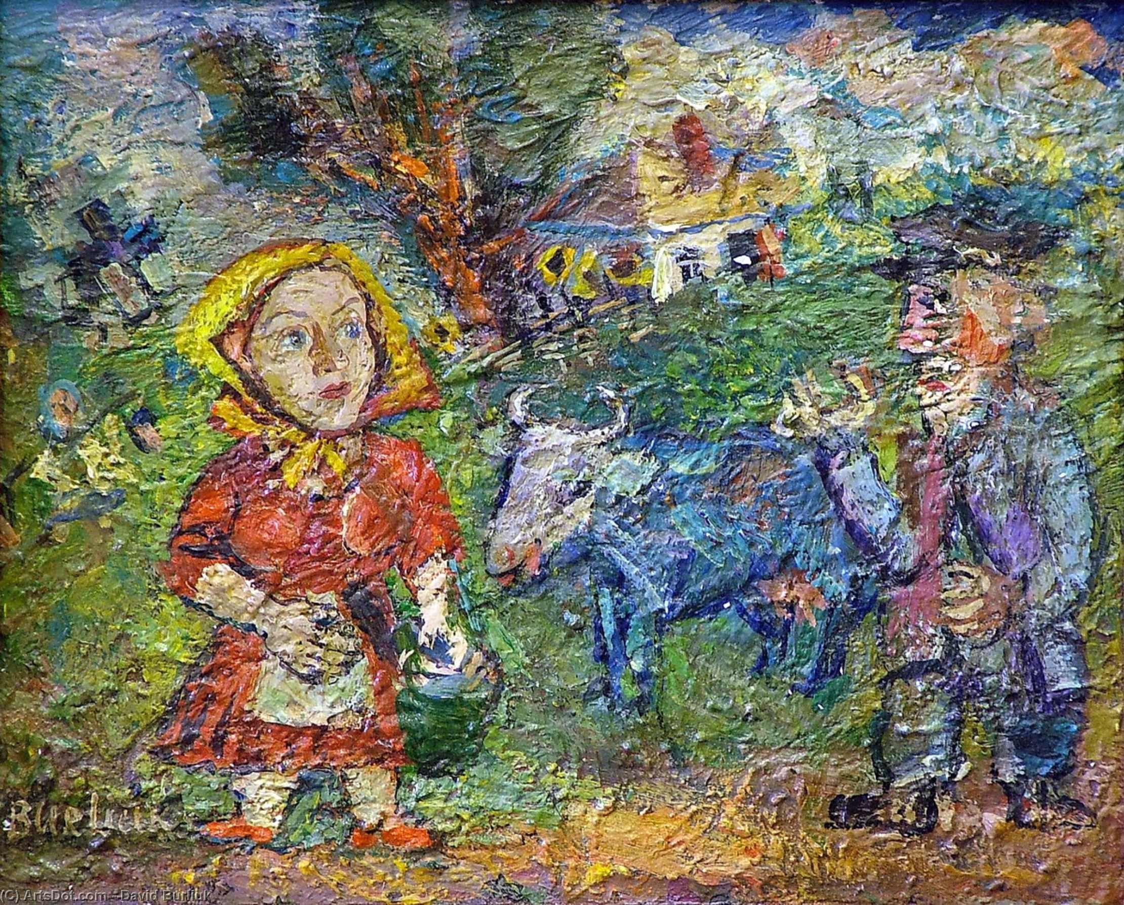 Order Oil Painting Replica A peasant couple with cow and geese by David Davidovich Burliuk (Inspired By) (1882-1967) | ArtsDot.com