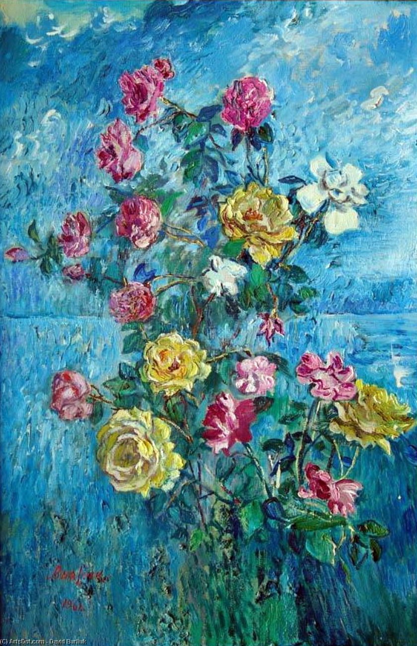 Order Art Reproductions Roses with blue background, 1960 by David Davidovich Burliuk (Inspired By) (1882-1967) | ArtsDot.com