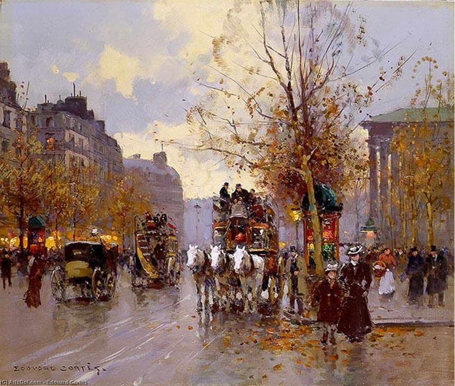 Order Oil Painting Replica Omnibus on the Place de la Madeleine by Edouard Cortes (Inspired By) (1882-1969, France) | ArtsDot.com