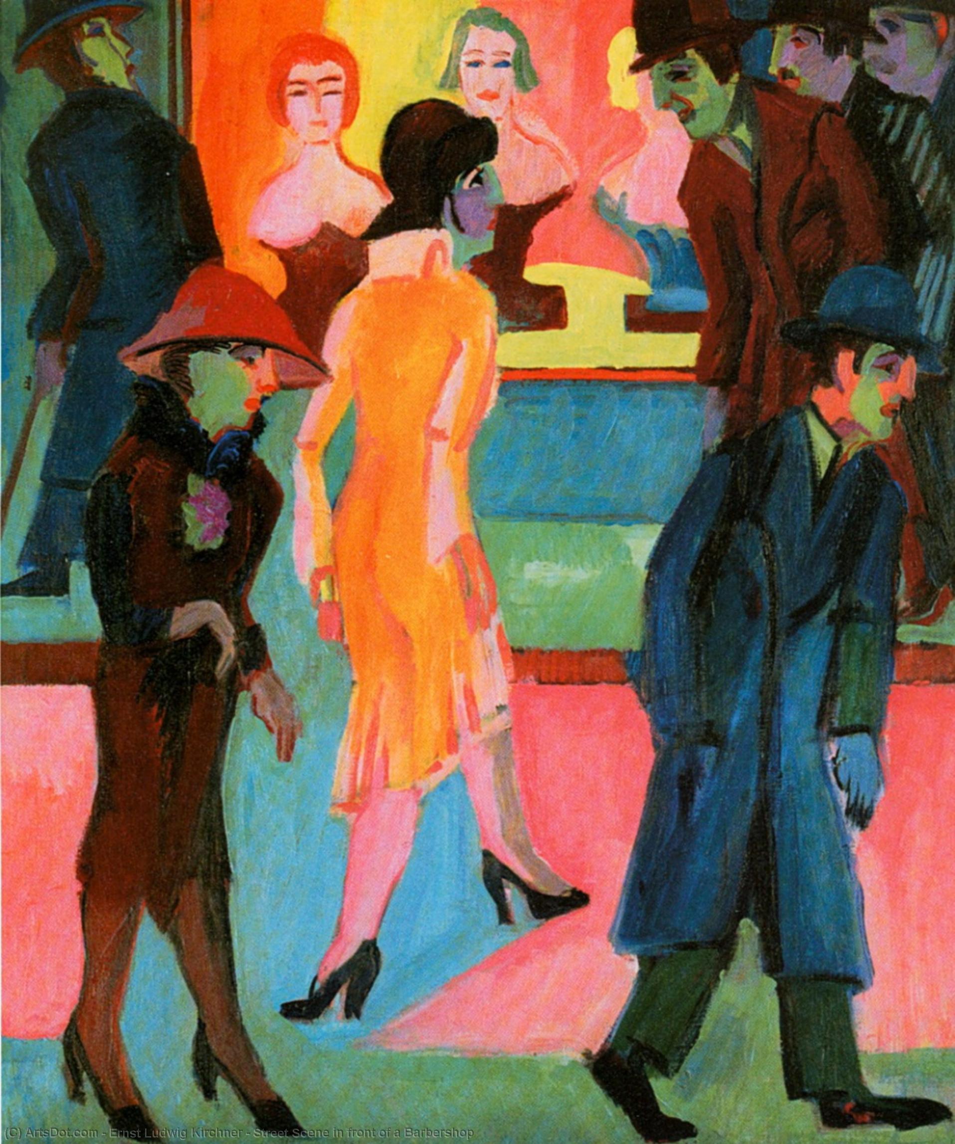 Order Oil Painting Replica Street Scene in front of a Barbershop, 1926 by Ernst Ludwig Kirchner (1880-1938, Germany) | ArtsDot.com