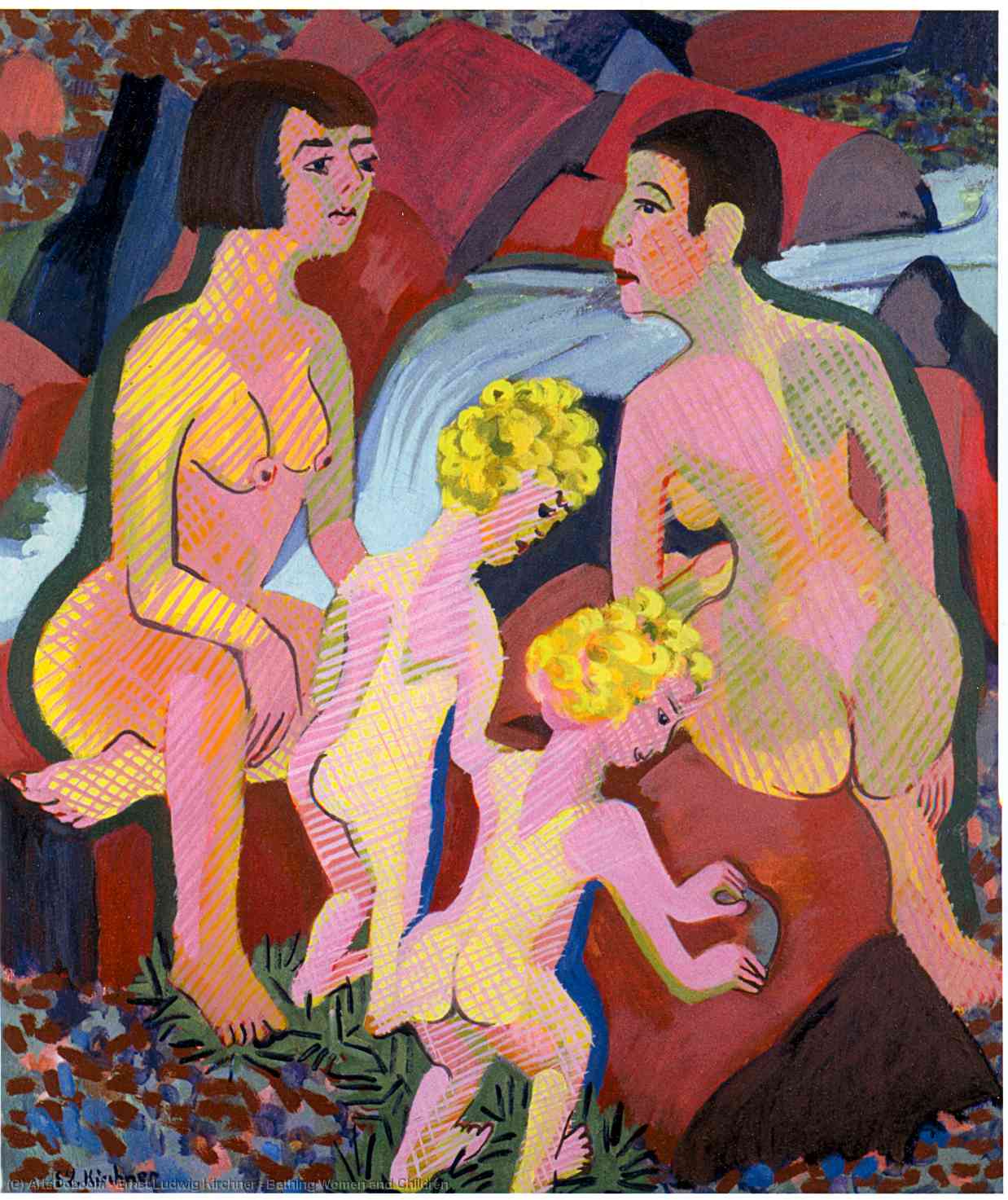 Order Paintings Reproductions Bathing Women and Children, 1932 by Ernst Ludwig Kirchner (1880-1938, Germany) | ArtsDot.com