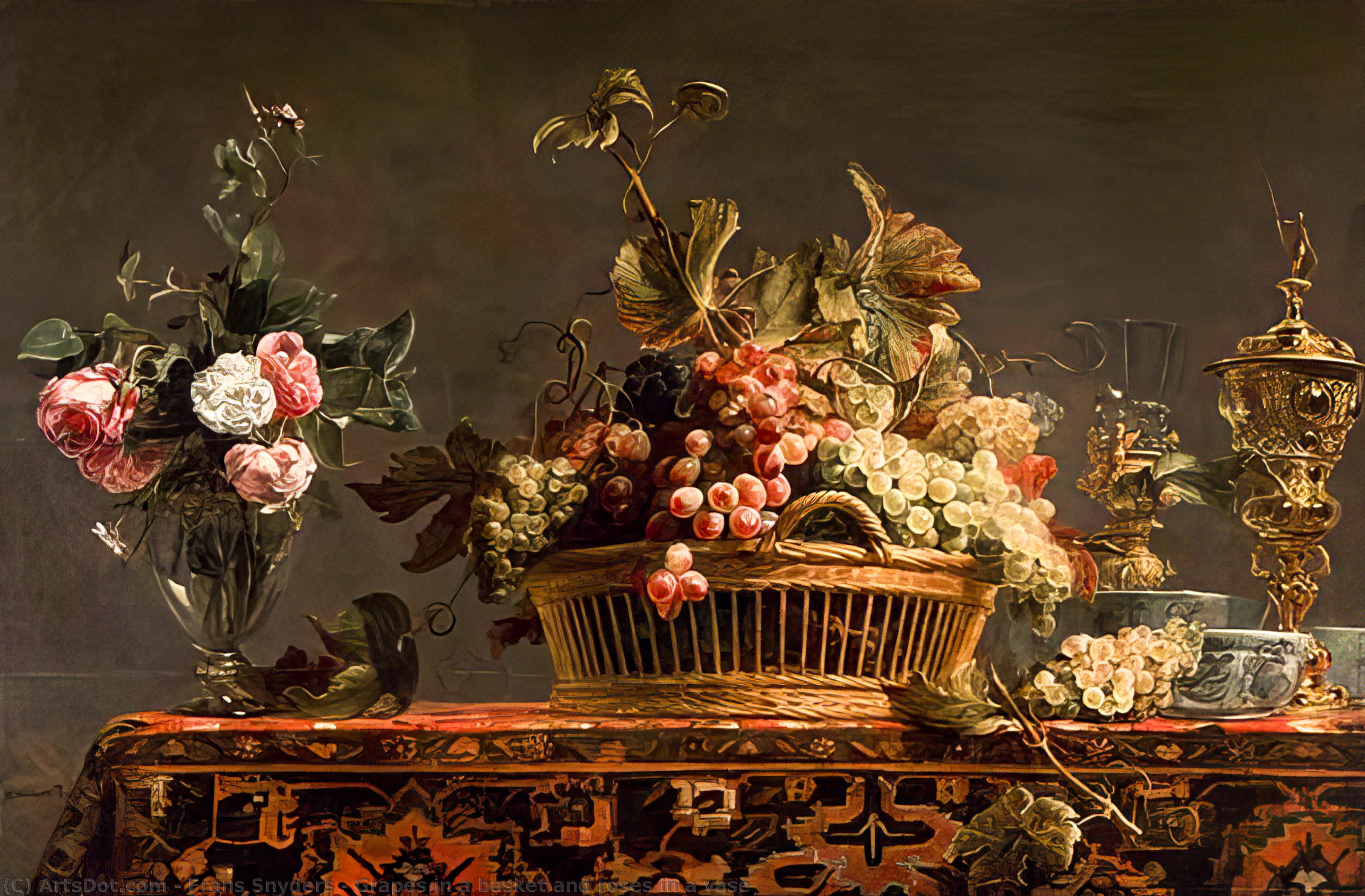 Order Paintings Reproductions Grapes in a basket and roses in a vase by Frans Snyders (1579-1657, Belgium) | ArtsDot.com