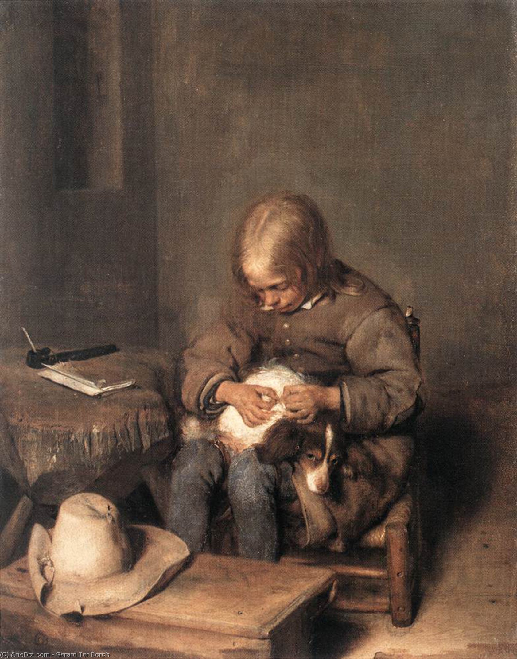 Buy Museum Art Reproductions The Flea-Catcher (Boy with his Dog), 1655 by Gerard Ter Borch (1617-1681, Netherlands) | ArtsDot.com