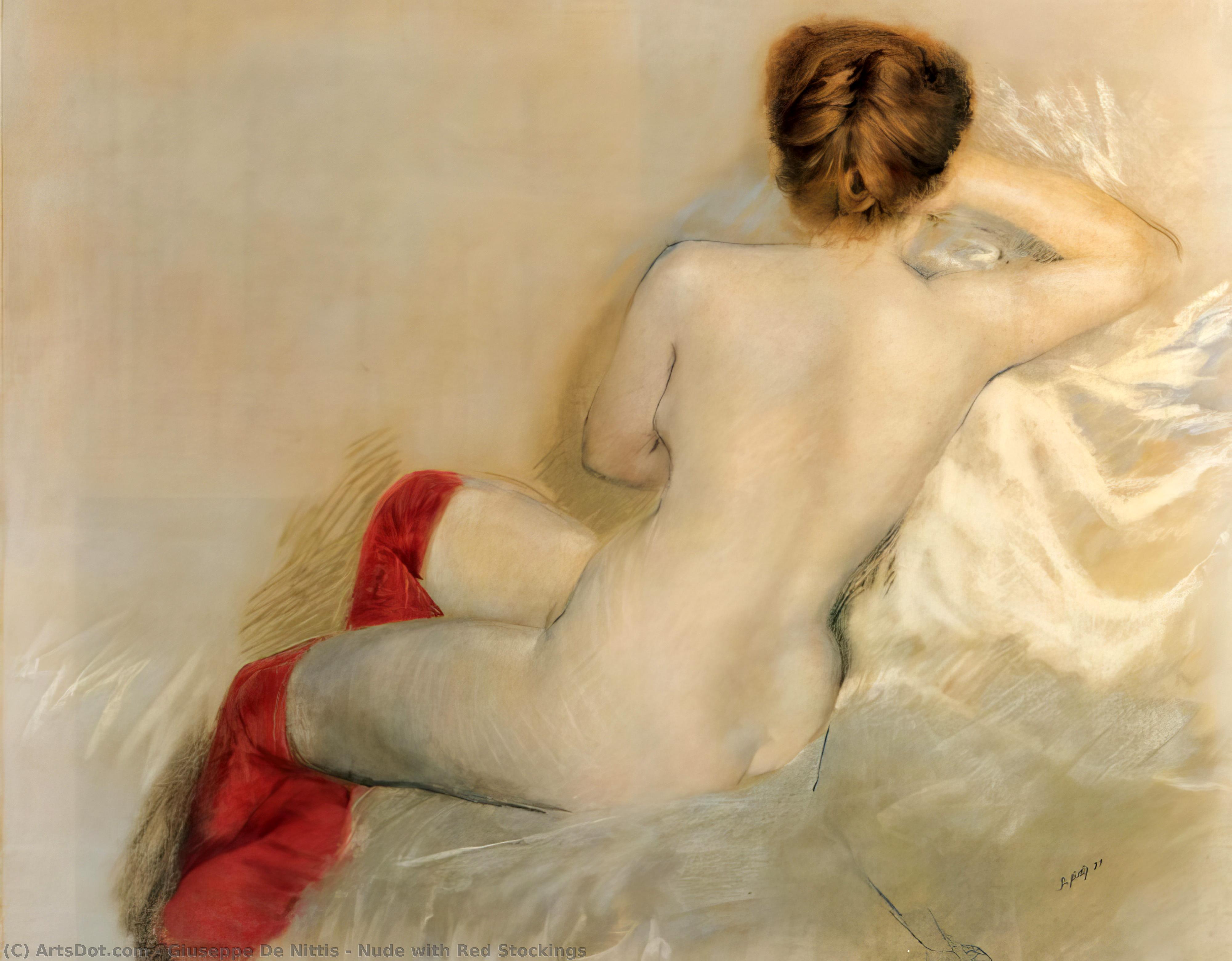 Order Oil Painting Replica Nude with Red Stockings, 1879 by Giuseppe De Nittis (1846-1884, Italy) | ArtsDot.com