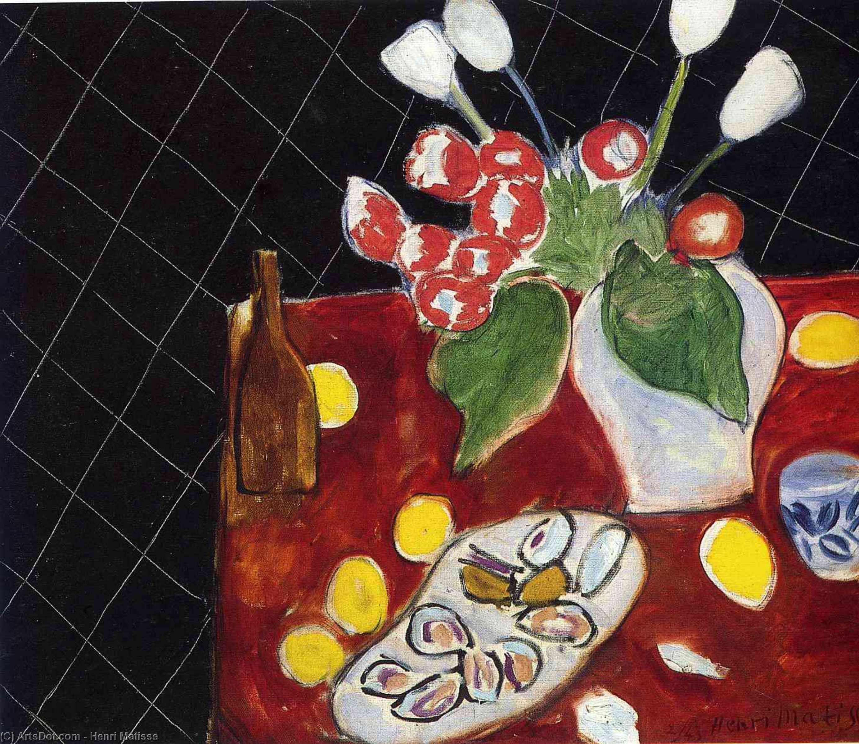 Buy Museum Art Reproductions Tulips and oysters on a black background, 1943 by Henri Matisse (Inspired By) (1869-1954, France) | ArtsDot.com