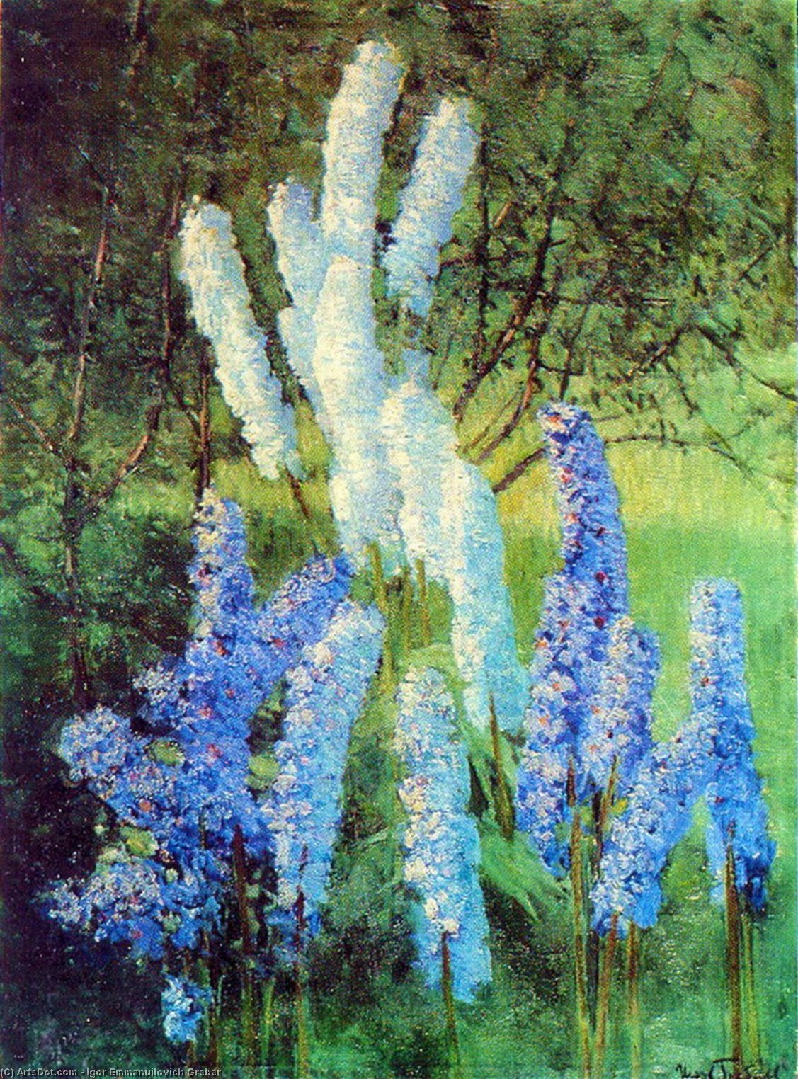 Order Art Reproductions Delphiniums in the Garden, 1952 by Igor Emmanuilovich Grabar (Inspired By) (1871-1960, Hungary) | ArtsDot.com