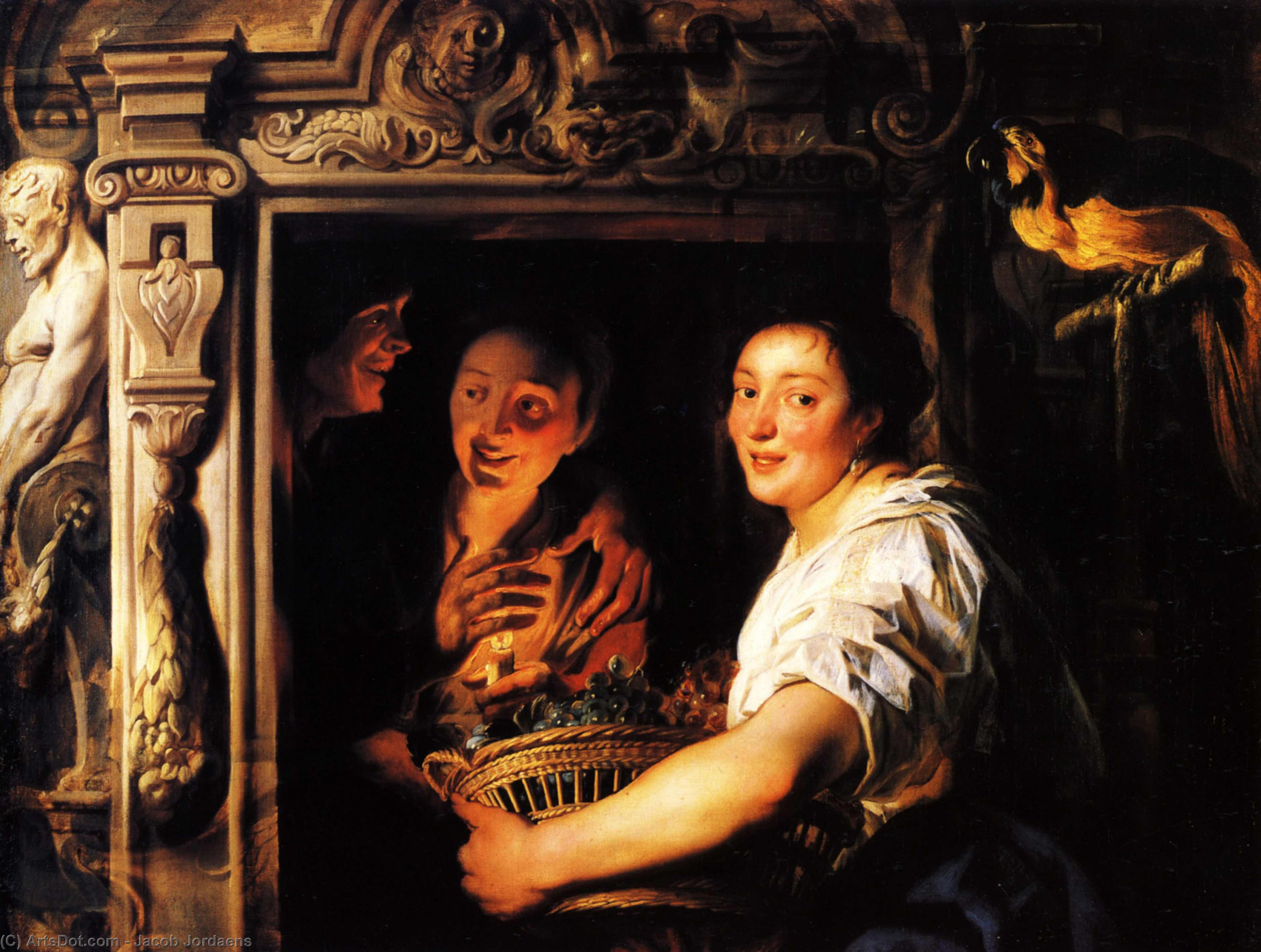 Buy Museum Art Reproductions Servant with a fruit basket and a pair of lovers by Jacob Jordaens (1593-1678, Belgium) | ArtsDot.com