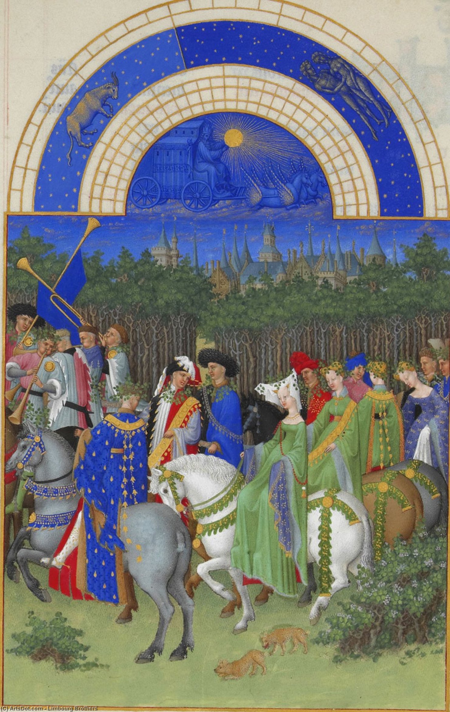 Order Oil Painting Replica Facsimile of May: Courtly Figures on Horseback by Limbourg Brothers (1385-1416, Netherlands) | ArtsDot.com