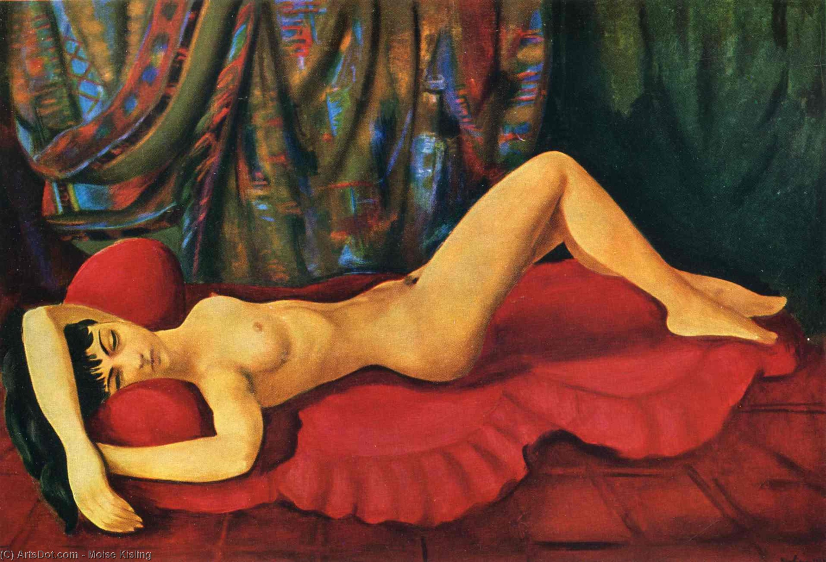 Order Paintings Reproductions Large nude Josan on red couch, 1953 by Moise Kisling (Inspired By) (1891-1953, Croatia) | ArtsDot.com