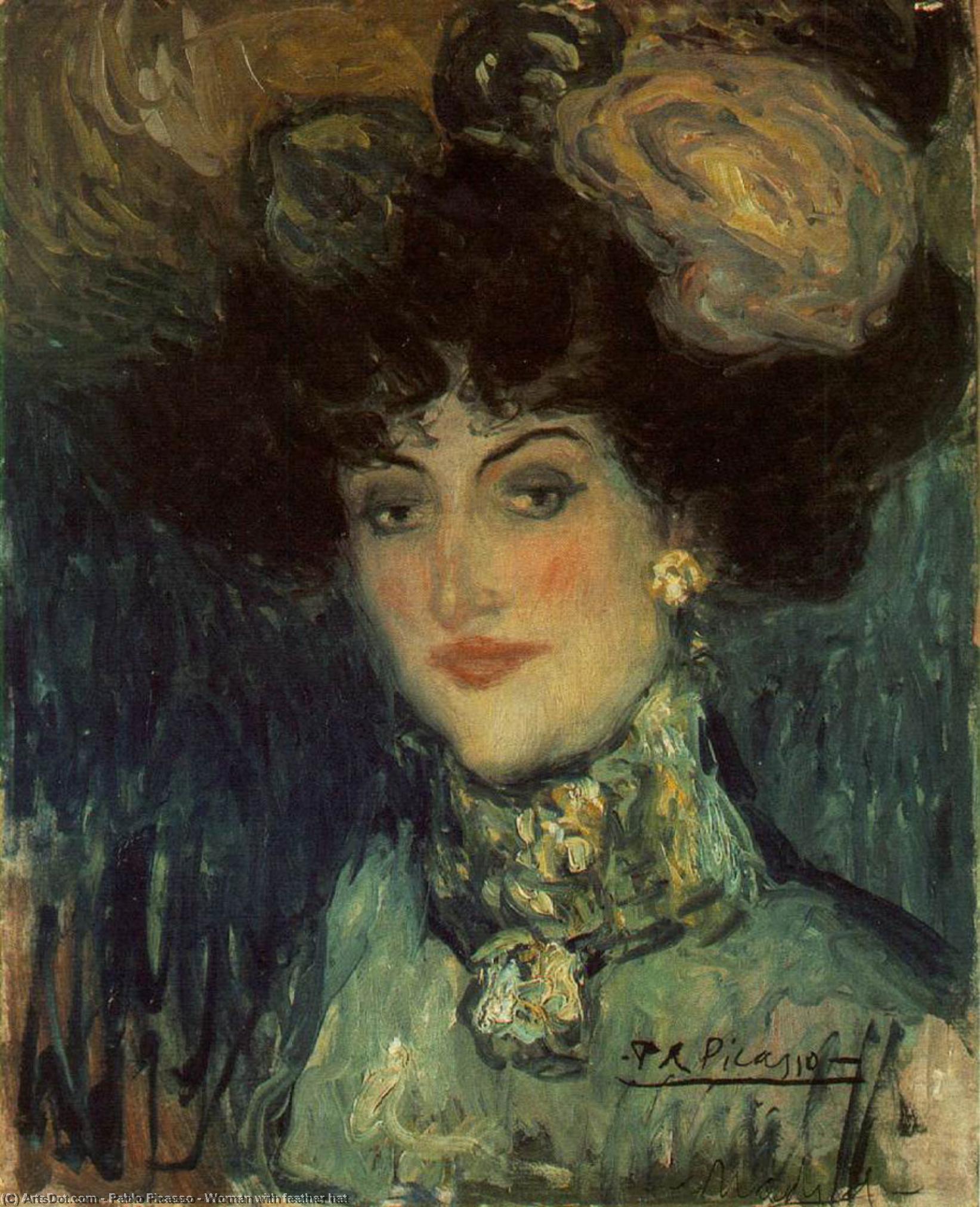 Buy Museum Art Reproductions Woman with feather hat, 1901 by Pablo Picasso (Inspired By) (1881-1973, Spain) | ArtsDot.com