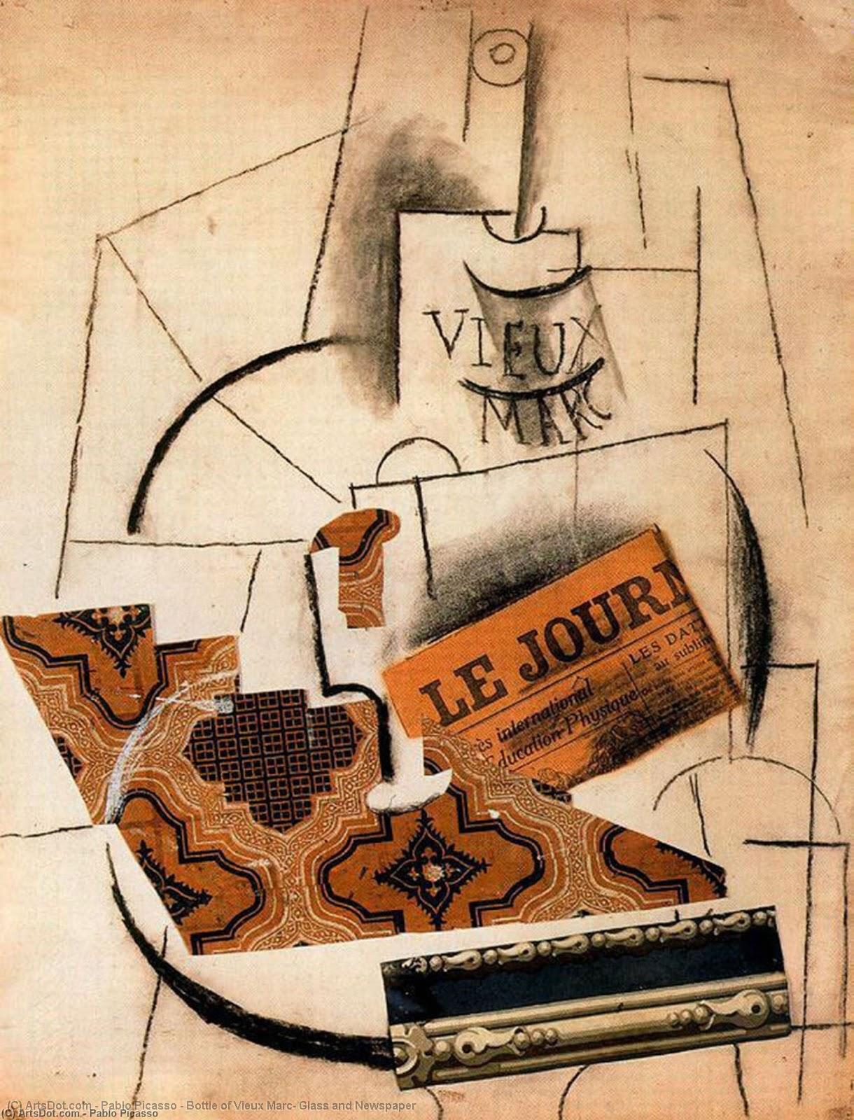 Buy Museum Art Reproductions Bottle of Vieux Marc, Glass and Newspaper, 1913 by Pablo Picasso (Inspired By) (1881-1973, Spain) | ArtsDot.com