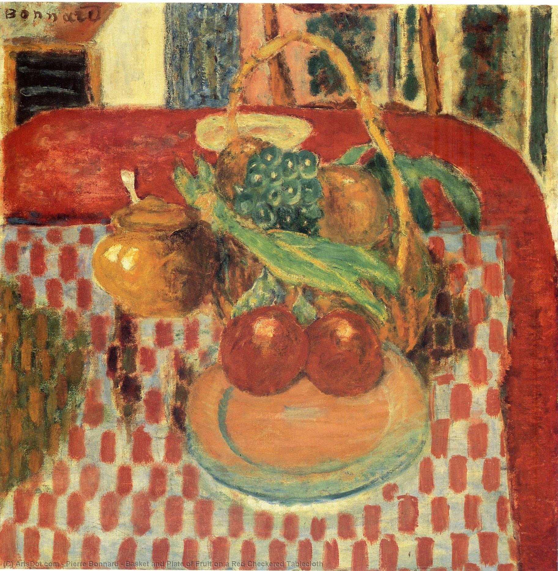 Order Art Reproductions Basket and Plate of Fruit on a Red Checkered Tablecloth, 1939 by Pierre Bonnard (1867-1947, France) | ArtsDot.com
