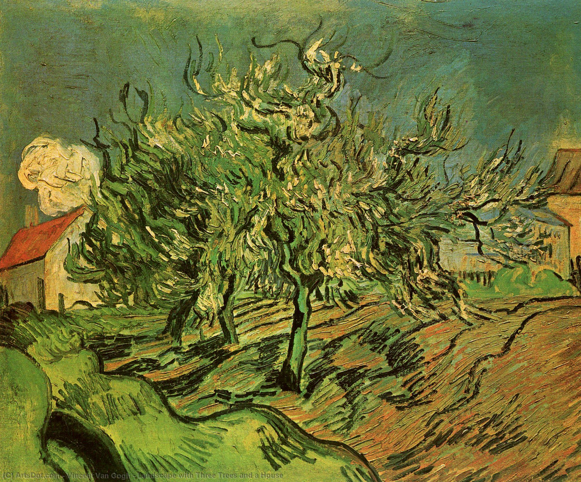 Order Paintings Reproductions Landscape with Three Trees and a House, 1890 by Vincent Van Gogh (1853-1890, Netherlands) | ArtsDot.com
