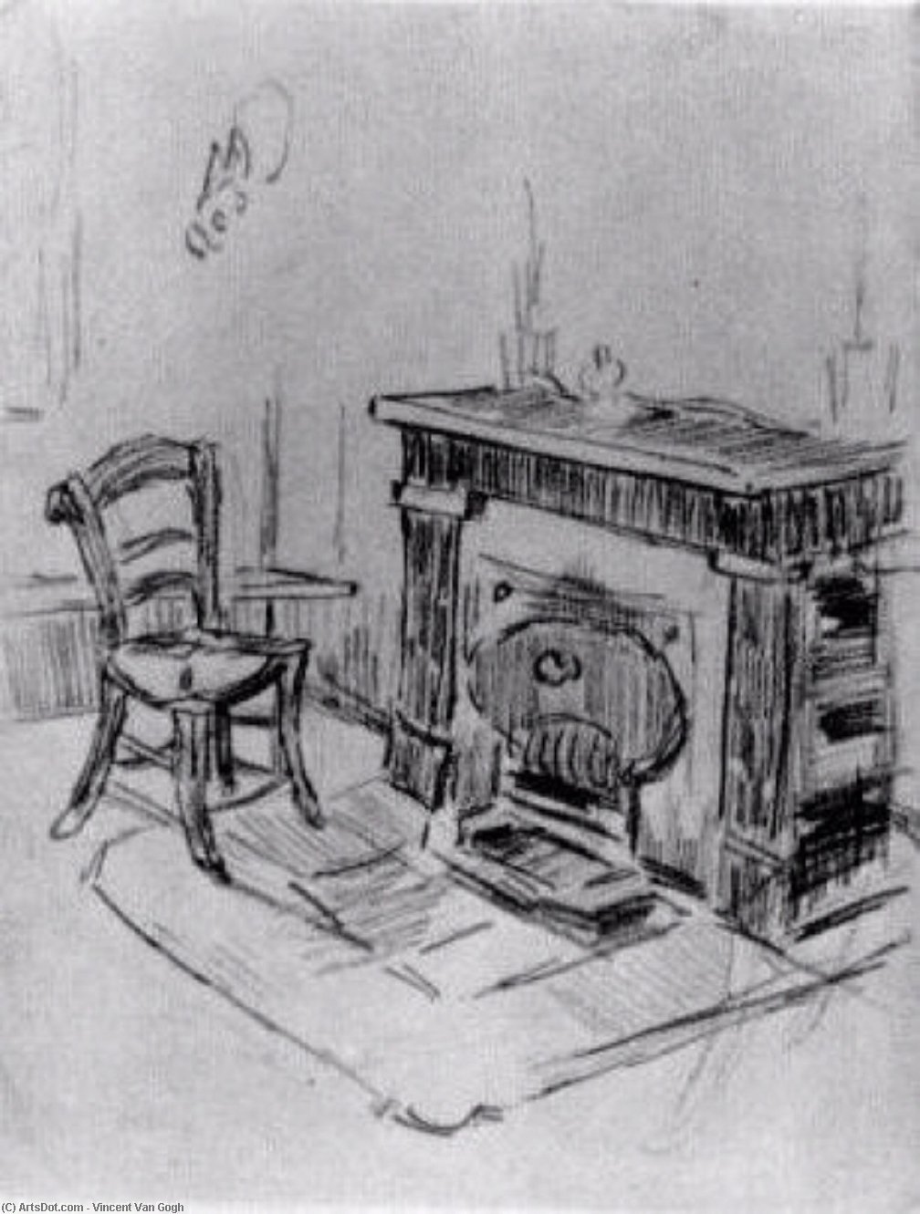 Order Oil Painting Replica Mantelpiece with Chair, 1890 by Vincent Van Gogh (1853-1890, Netherlands) | ArtsDot.com