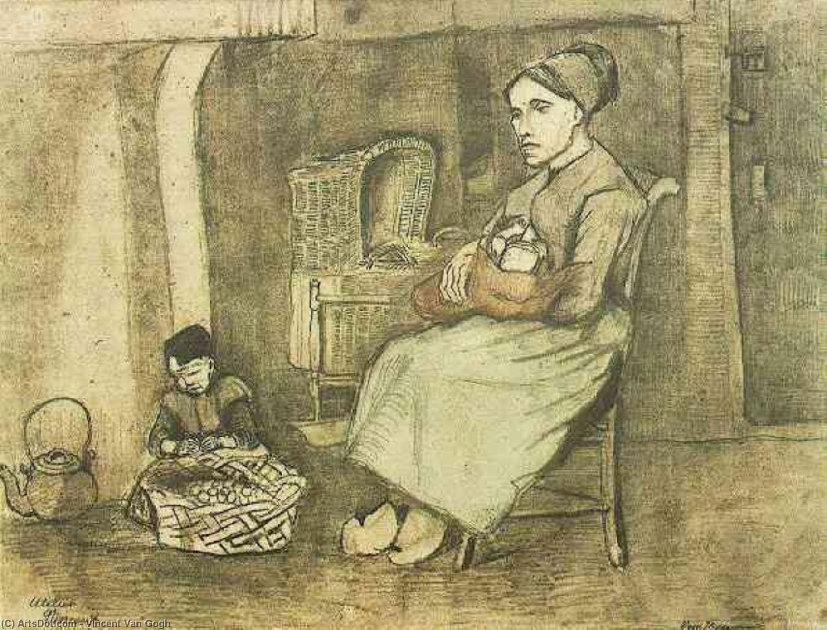 Buy Museum Art Reproductions Mother at the Cradle and Child Sitting on the Floor, 1881 by Vincent Van Gogh (1853-1890, Netherlands) | ArtsDot.com