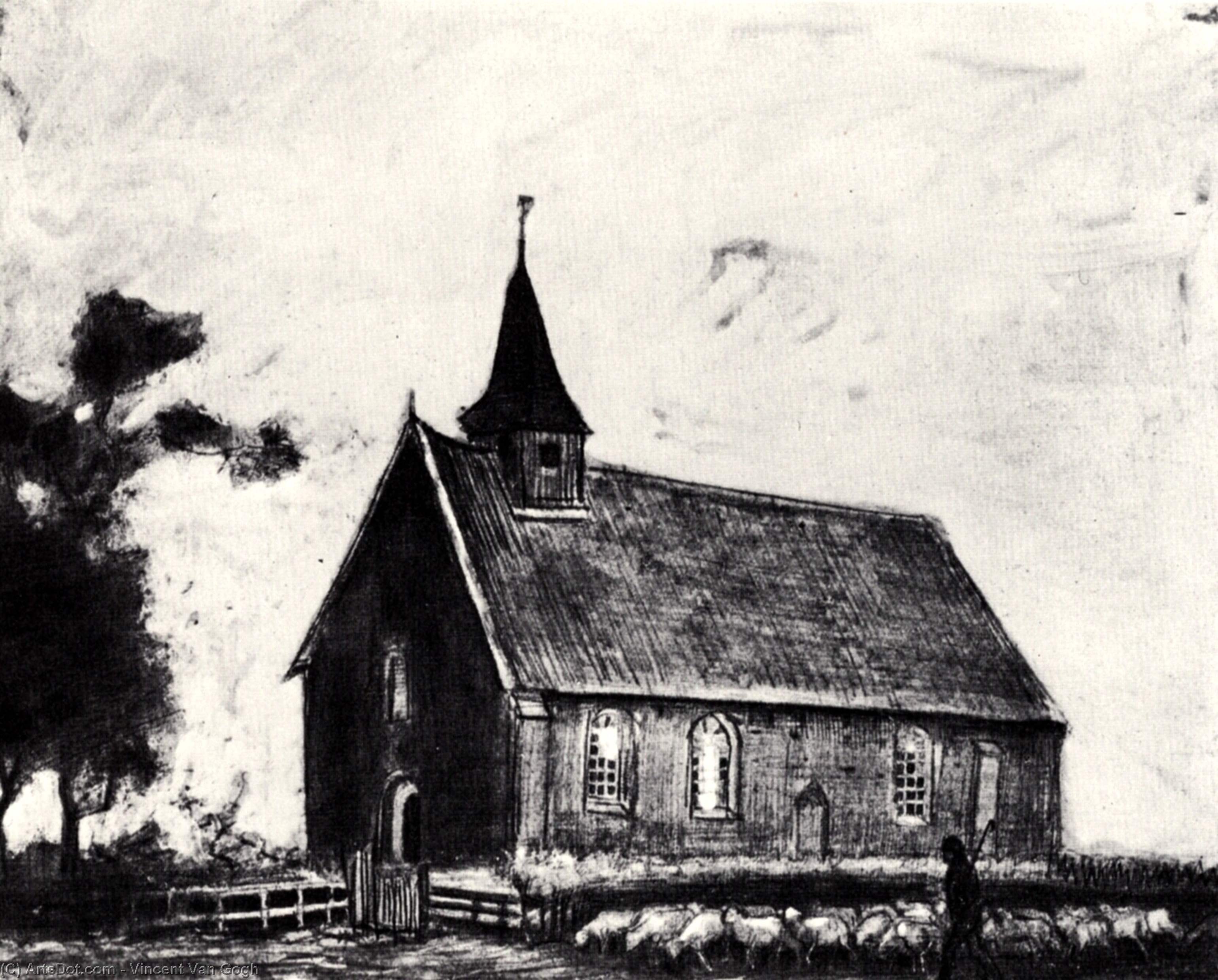 Order Oil Painting Replica Shepherd with Flock near a Little Church at Zweeloo, 1883 by Vincent Van Gogh (1853-1890, Netherlands) | ArtsDot.com