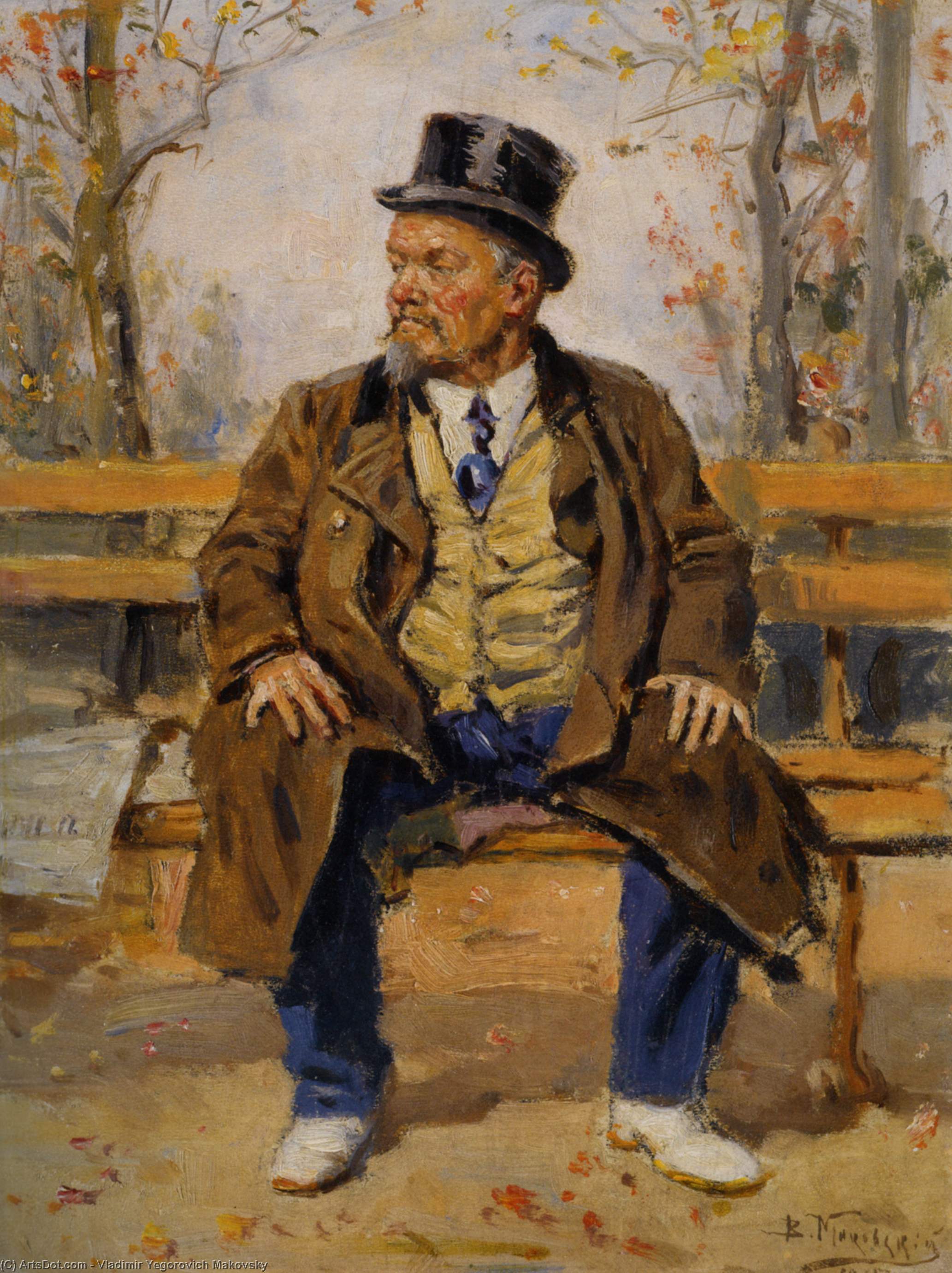 Order Oil Painting Replica Portrait of a man sitting on a park bench, 1917 by Vladimir Yegorovich Makovsky (1846-1920, Russia) | ArtsDot.com
