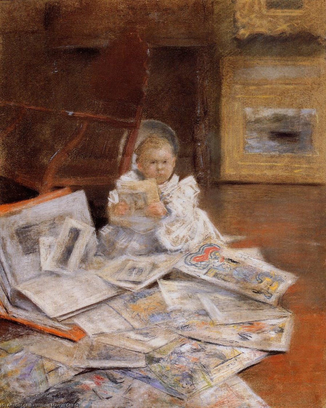 Order Oil Painting Replica Child with Prints, 1884 by William Merritt Chase (1849-1916, United States) | ArtsDot.com