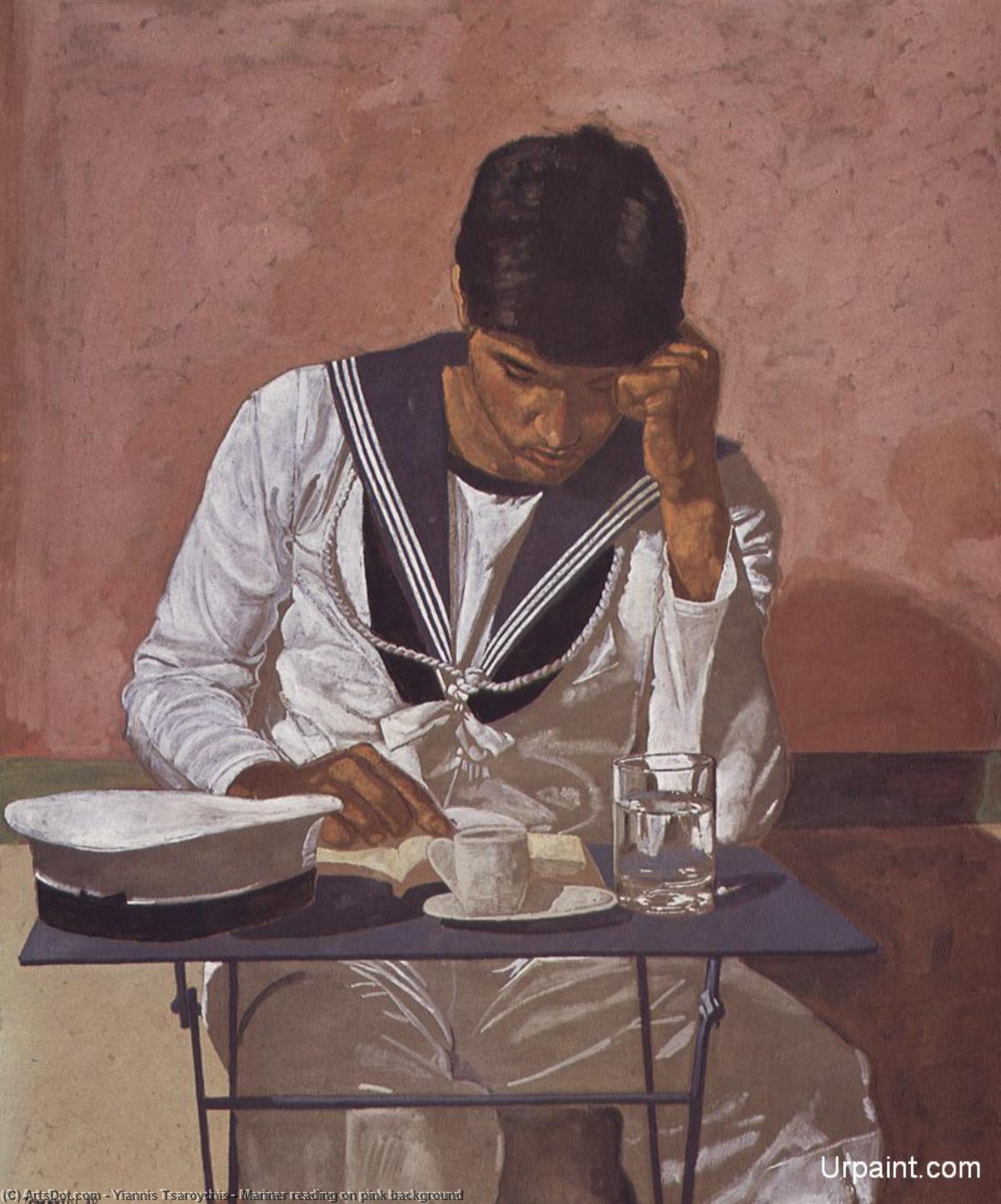 Buy Museum Art Reproductions Mariner reading on pink background by Yiannis Tsaroychis (Inspired By) (1910-1989, Greece) | ArtsDot.com