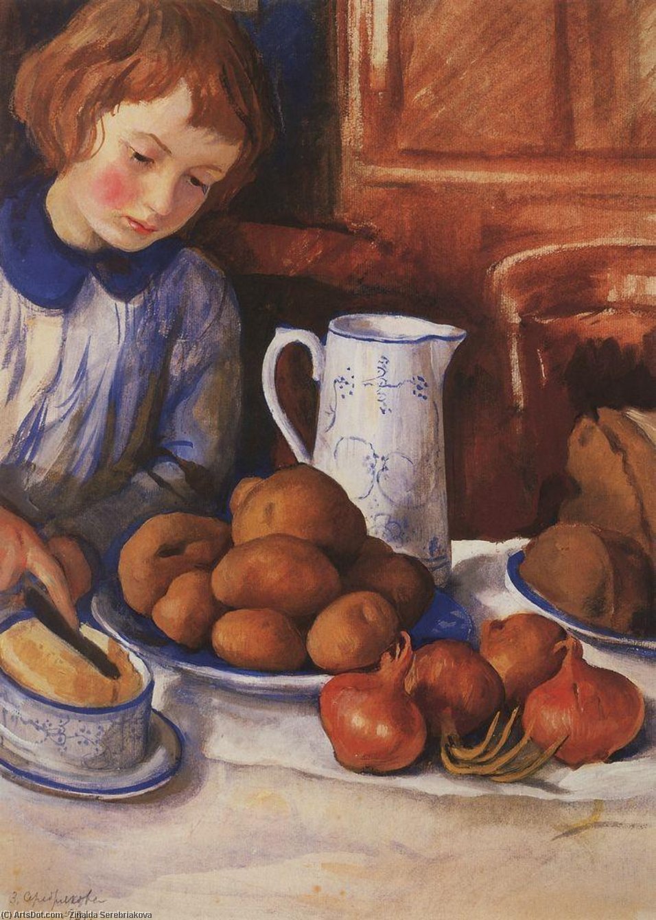 Order Oil Painting Replica Katya at the kitchen table, 1923 by Zinaida Serebriakova (Inspired By) (1884-1967, Ukraine) | ArtsDot.com