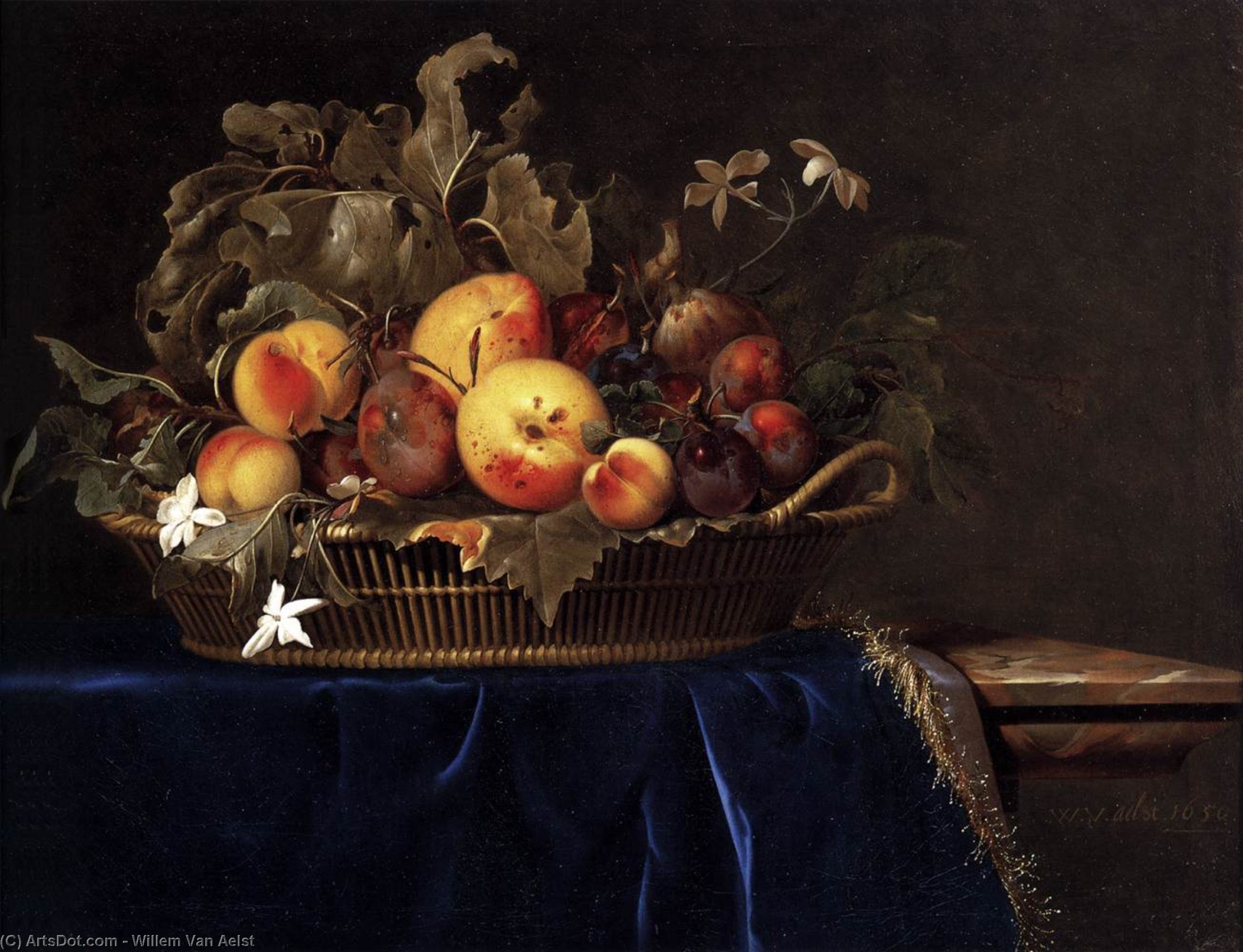 Order Oil Painting Replica Still-Life with a Basket of Fruit on a Marble Ledge, 1650 by Willem Van Aelst (1626-1683, Netherlands) | ArtsDot.com