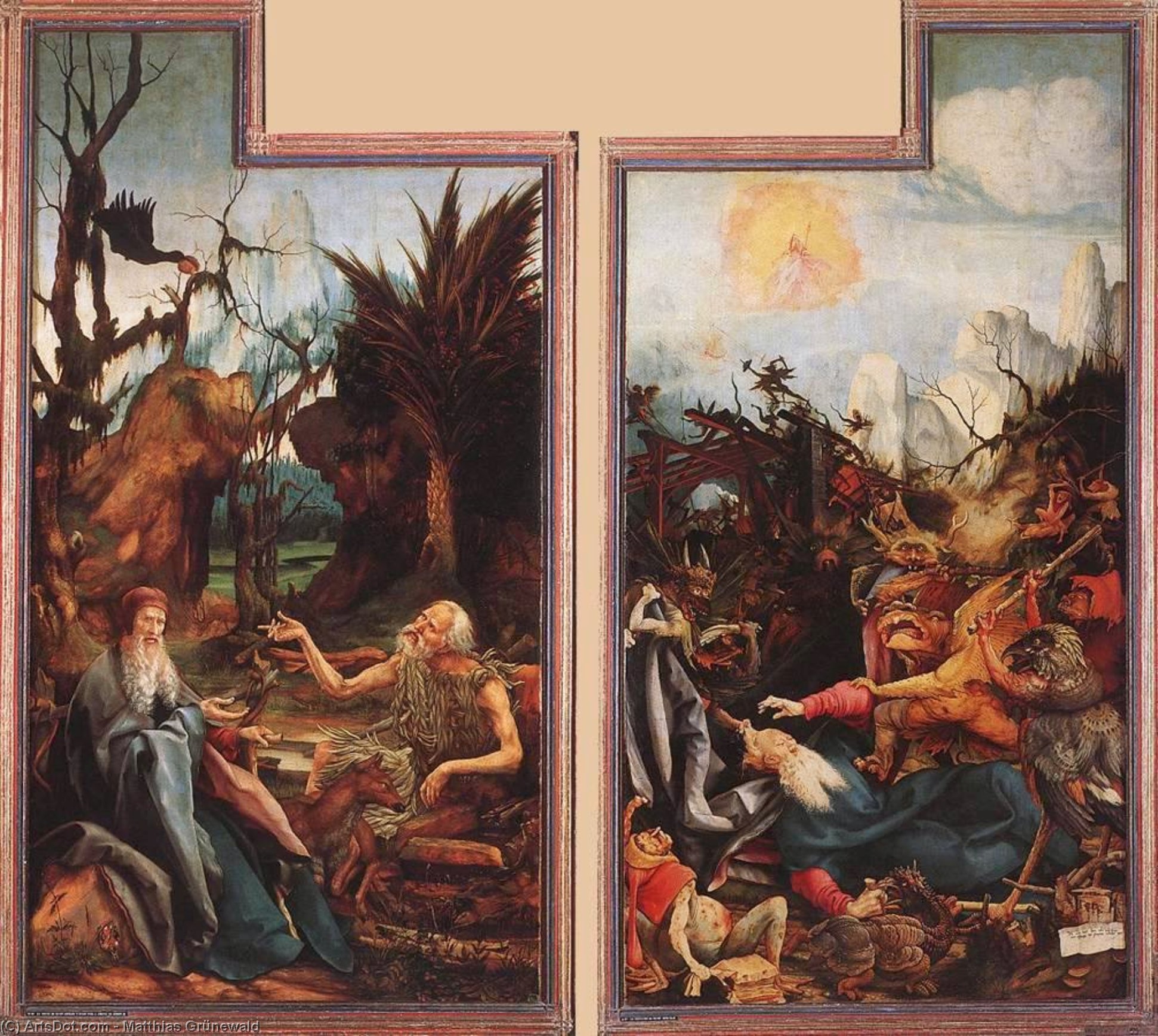 Order Art Reproductions Visit of St Anthony to St Paul and Temptation of St Anthony, 1515 by Matthias Grünewald (1480-1528, Germany) | ArtsDot.com