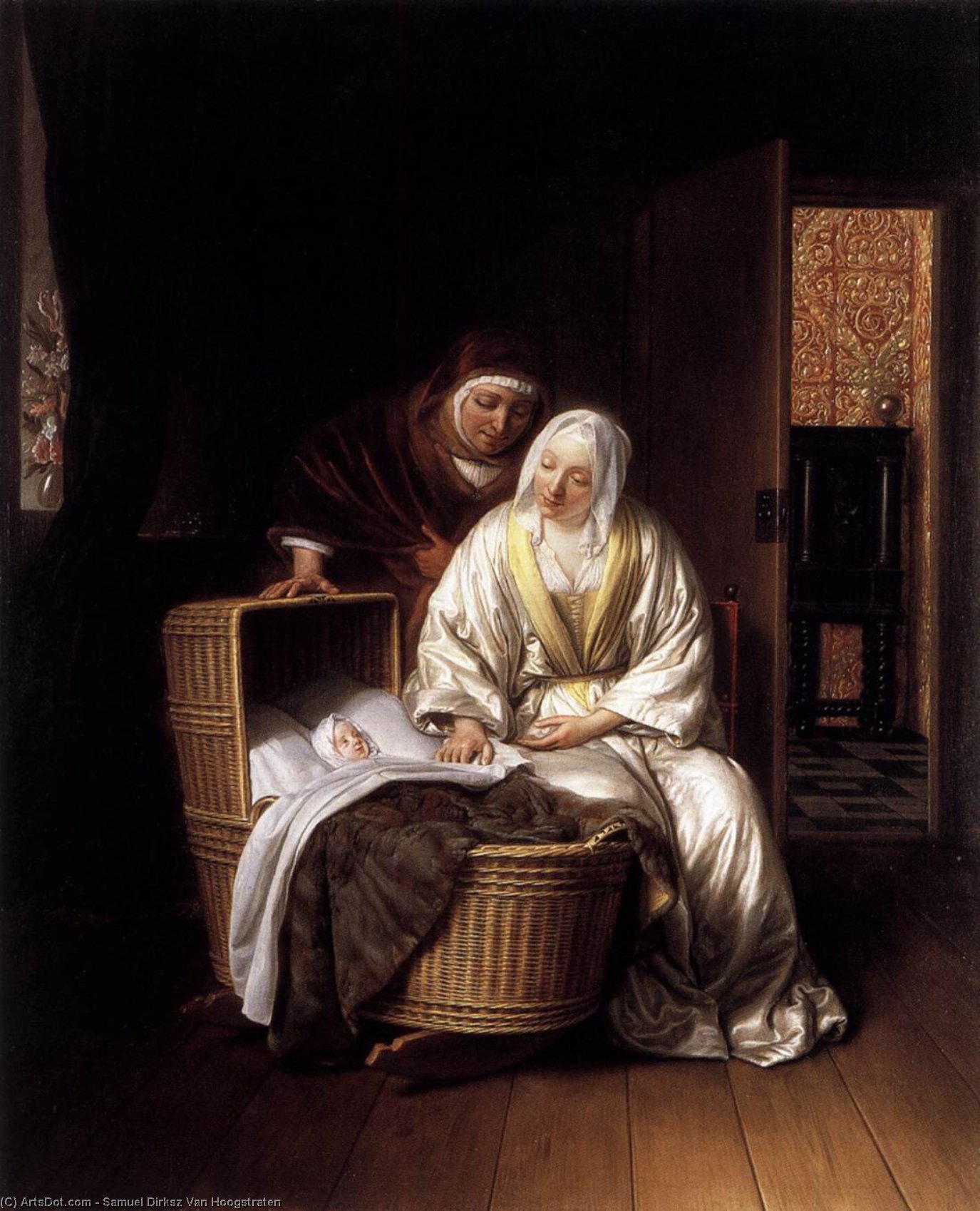 Order Oil Painting Replica Two Women by a Cradle, 1670 by Samuel Dirksz Van Hoogstraten (1627-1678, Netherlands) | ArtsDot.com