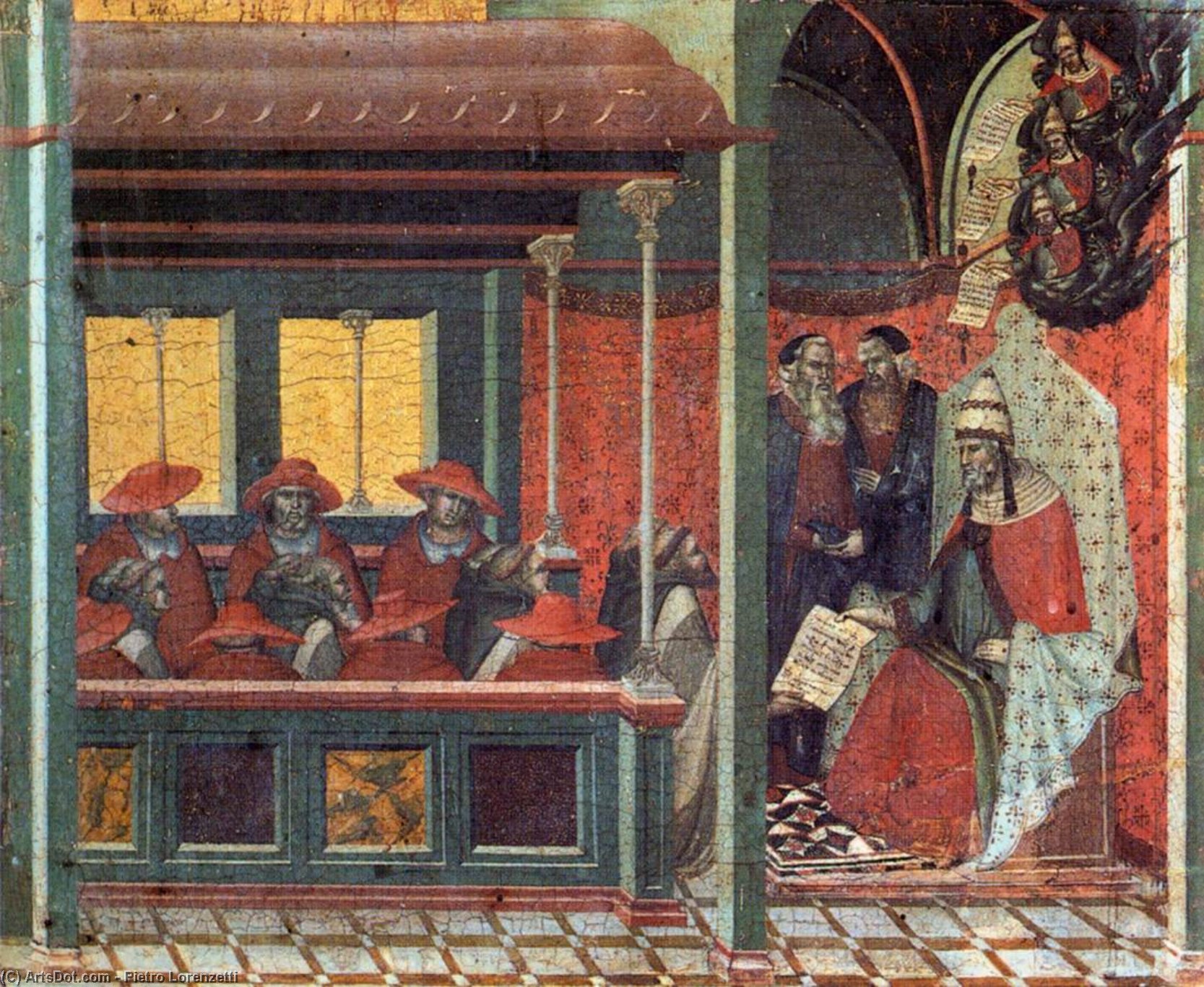 Buy Museum Art Reproductions Predella panel: The Pope Issues a Bull to a Carmelite Delegation, 1328 by Pietro Lorenzetti (1280-1348, Italy) | ArtsDot.com