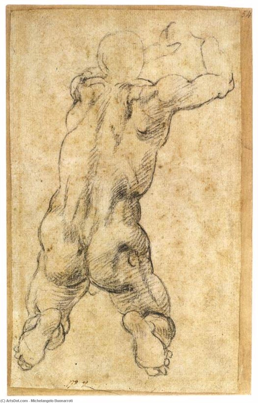 Order Art Reproductions Kneeling Male Nude, Seen from the Rear, 1534 by Michelangelo Buonarroti (1475-1564, Italy) | ArtsDot.com