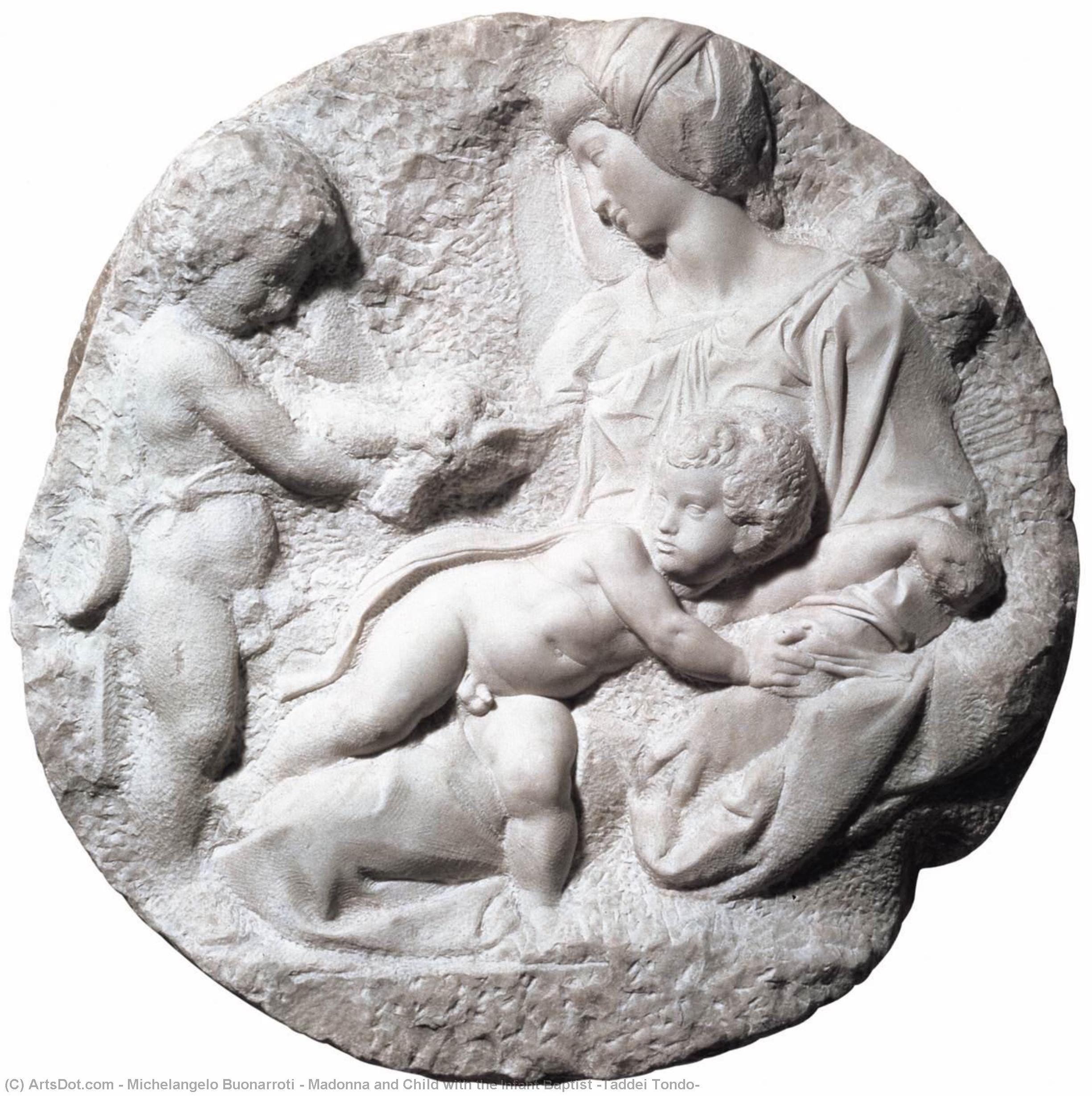 Buy Museum Art Reproductions Madonna and Child with the Infant Baptist (Taddei Tondo), 1505 by Michelangelo Buonarroti (1475-1564, Italy) | ArtsDot.com