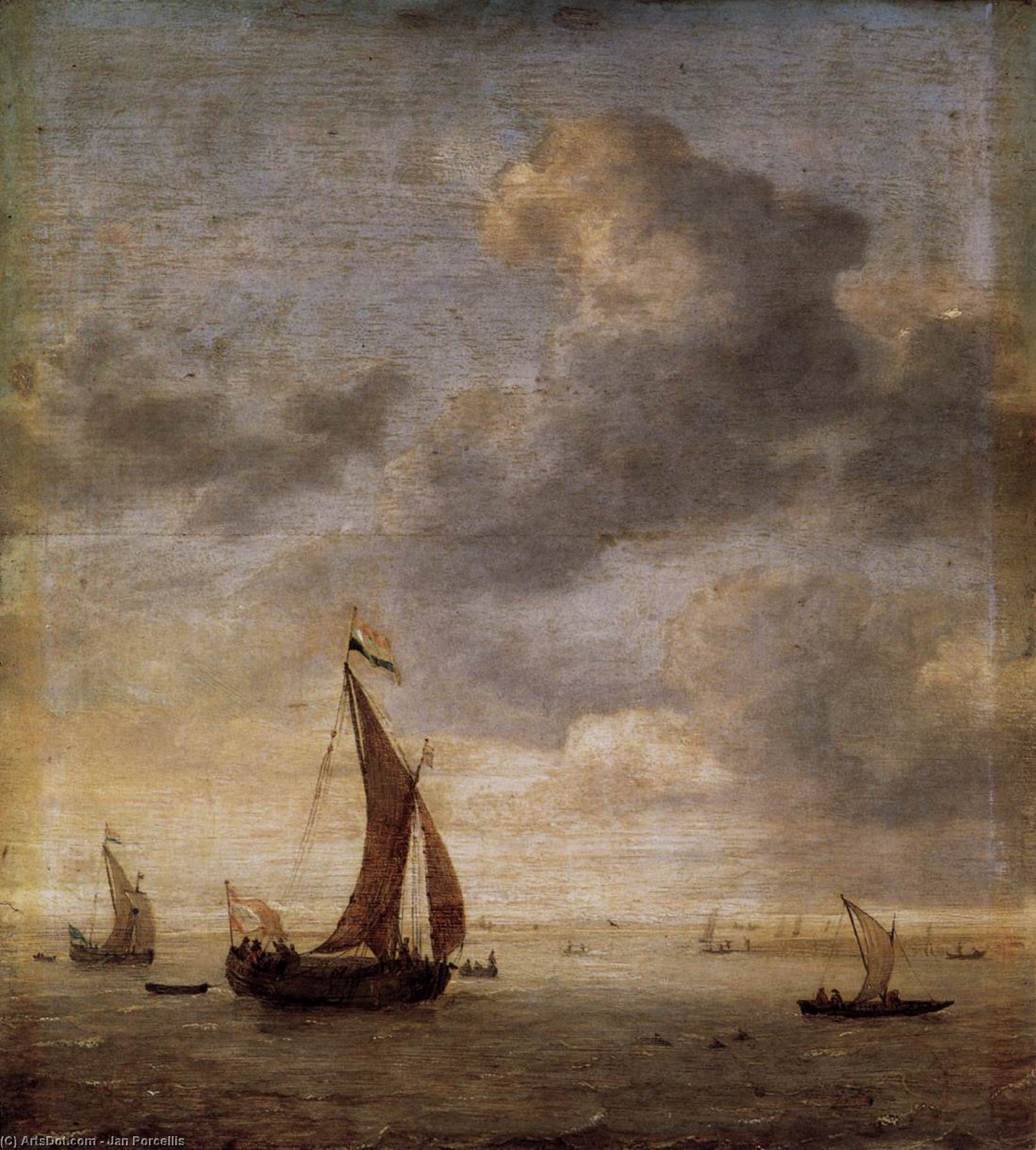 Buy Museum Art Reproductions Single-Masted Damlooper and Rowboat on a Breezy Day by Jan Porcellis (1583-1632, Belgium) | ArtsDot.com