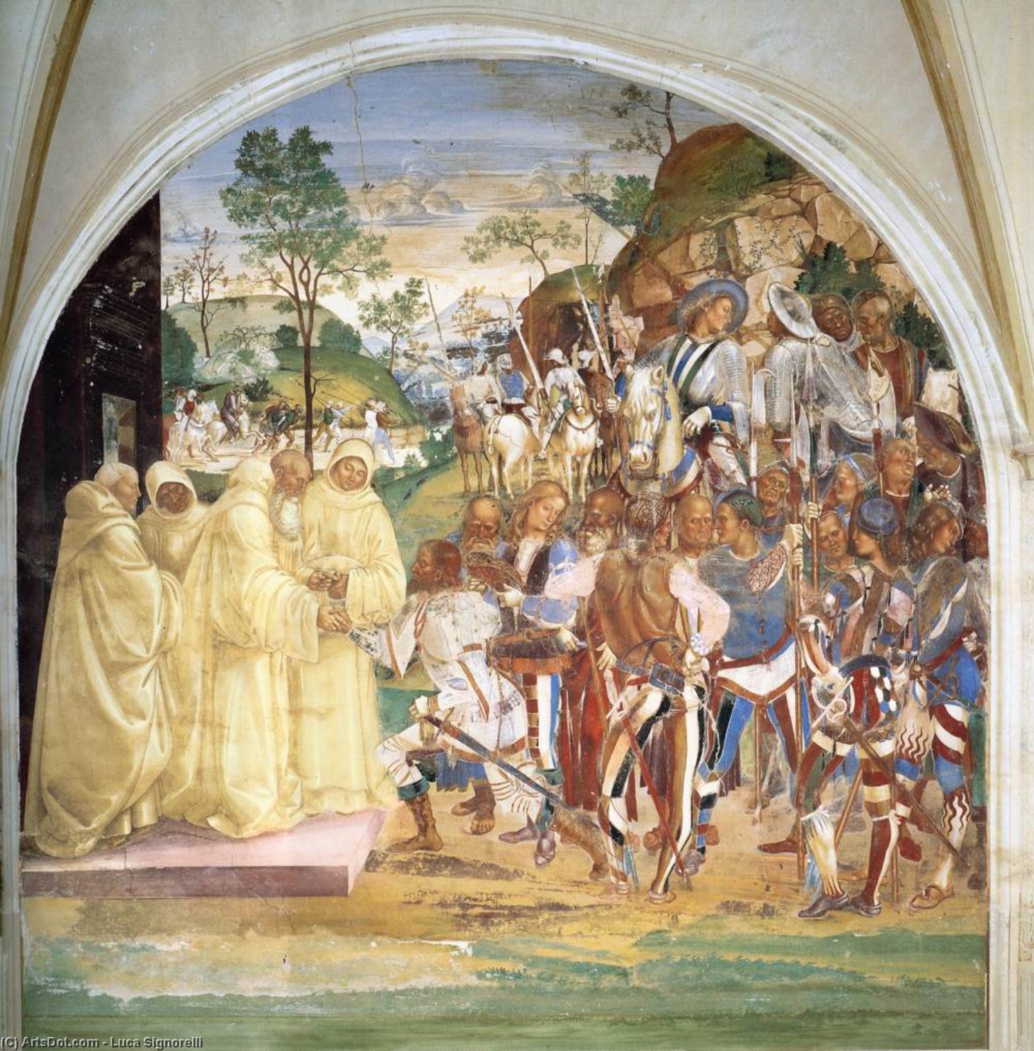 Buy Museum Art Reproductions Life of St Benedict, Scene 28: Benedict Recognizes and Receives Totila, 1499 by Luca Signorelli (1450-1523, Italy) | ArtsDot.com