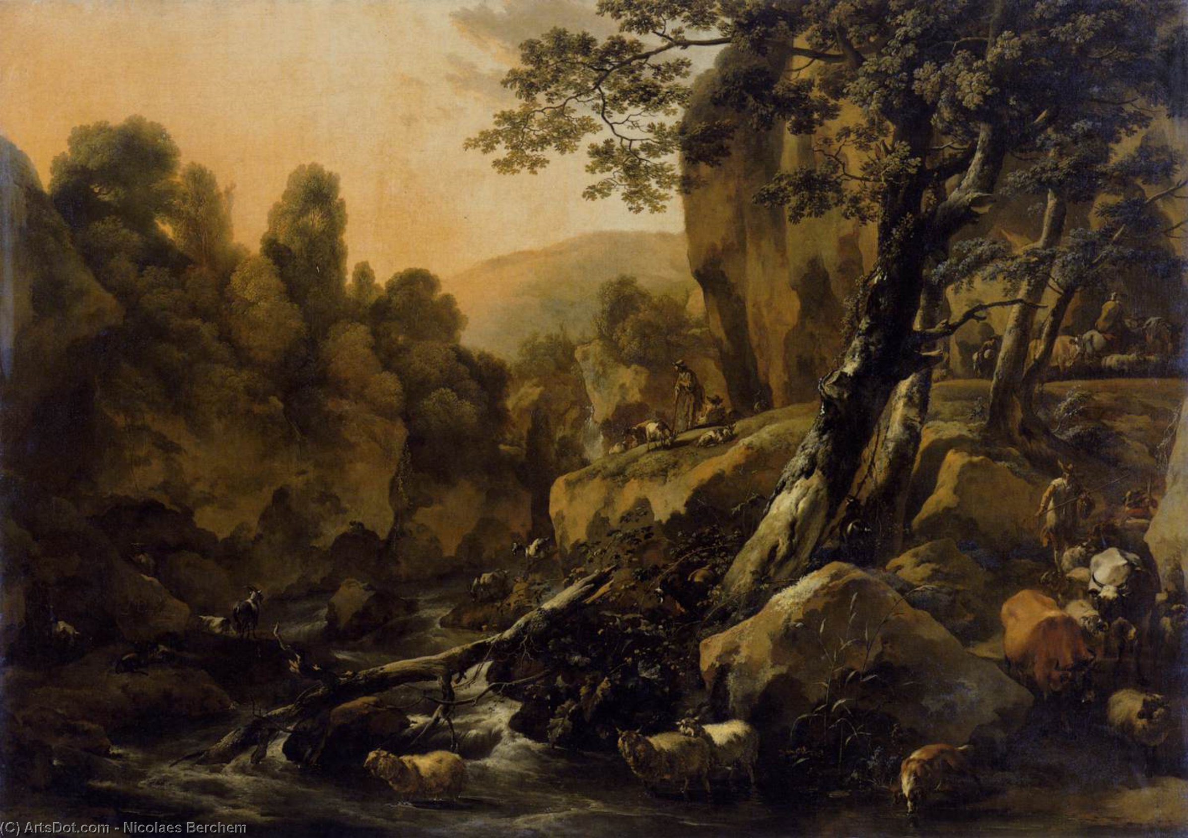 Buy Museum Art Reproductions Herdsmen and Herds at a Waterfall, 1665 by Nicolaes Berchem | ArtsDot.com