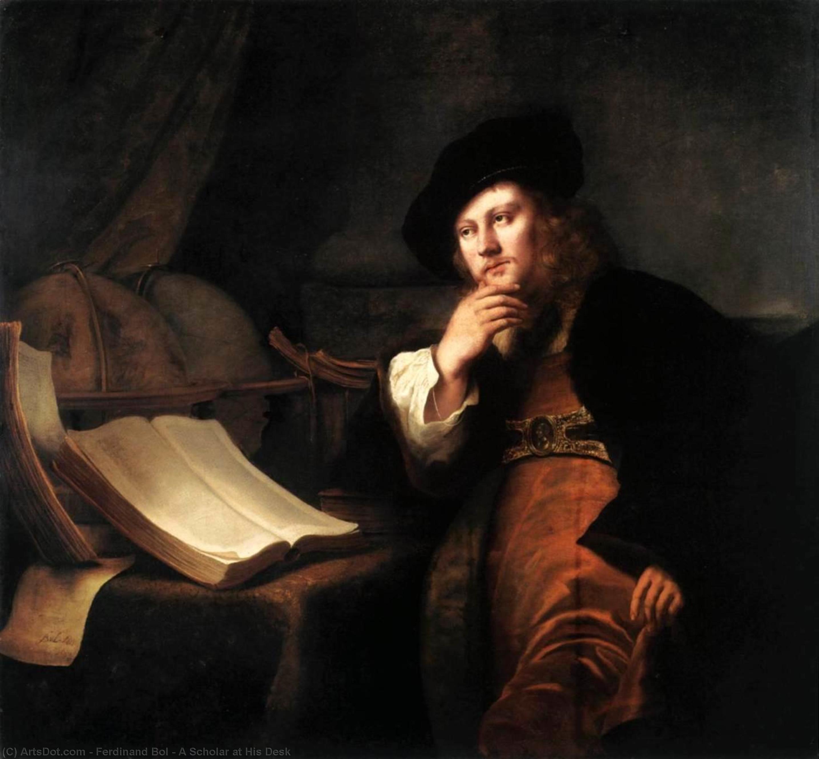 Order Oil Painting Replica A Scholar at His Desk, 1652 by Ferdinand Bol (1616-1680, Netherlands) | ArtsDot.com