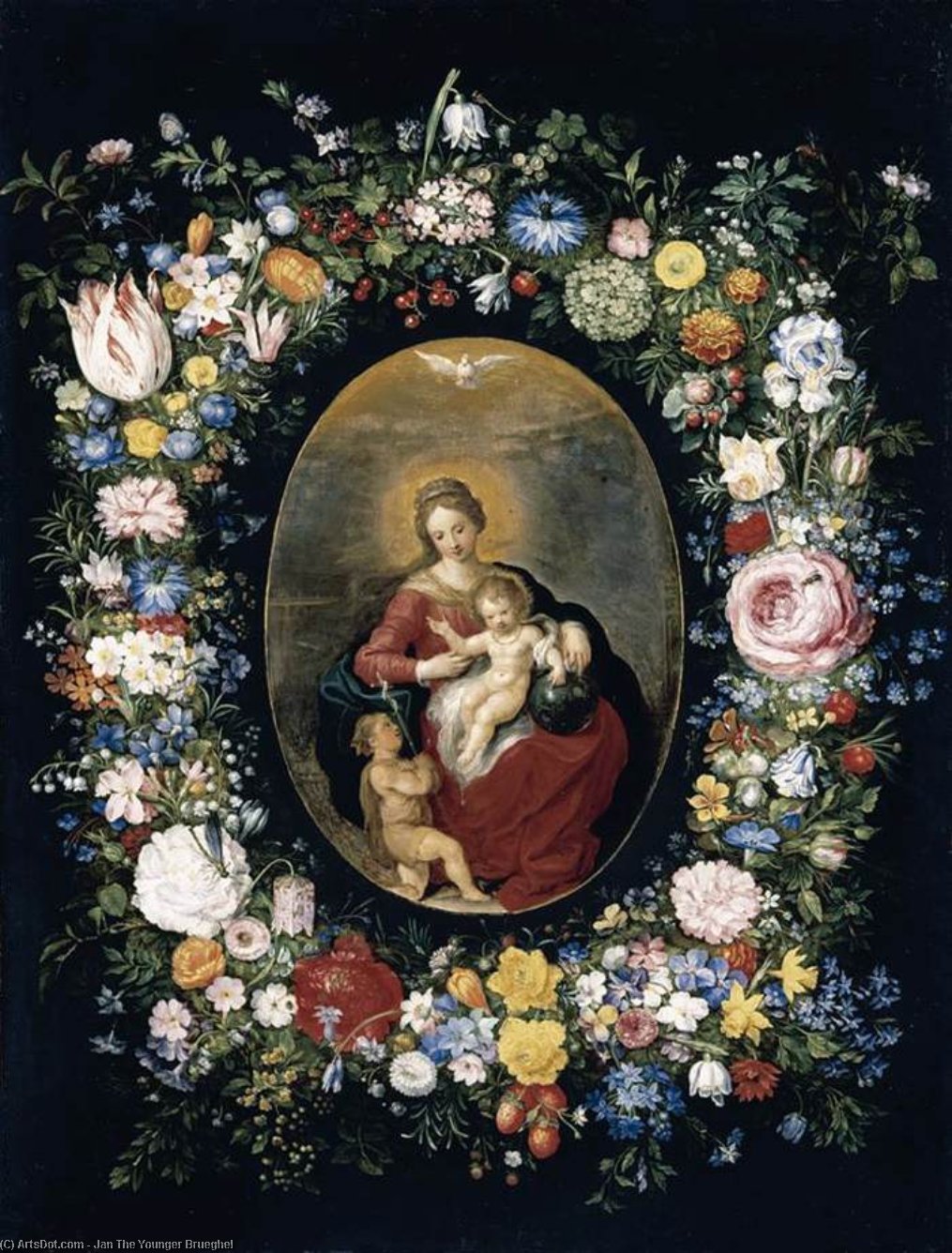 Order Oil Painting Replica Virgin and Child with Infant St John in a Garland of Flowers, 1630 by Jan The Younger Brueghel (1601-1678, Belgium) | ArtsDot.com