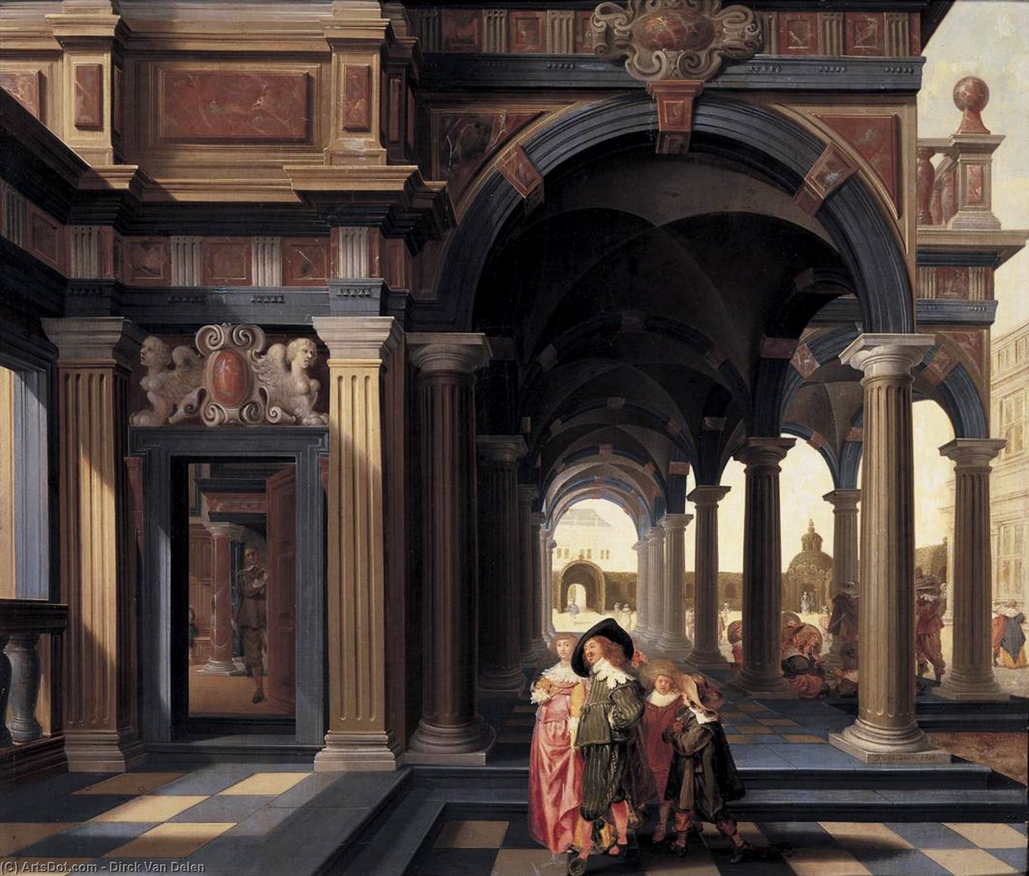 Order Artwork Replica Elegant Figures in a Loggia, 1635 by Dirck Van Delen (1605-1671, Netherlands) | ArtsDot.com