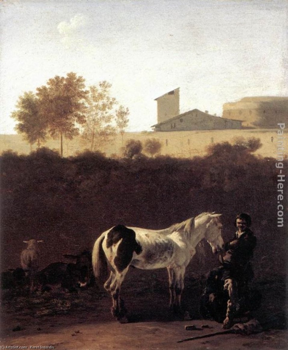 Order Oil Painting Replica Italian Landscape with Herdsman and a Piebald Horse, 1675 by Karel Dujardin (1626-1678, Netherlands) | ArtsDot.com