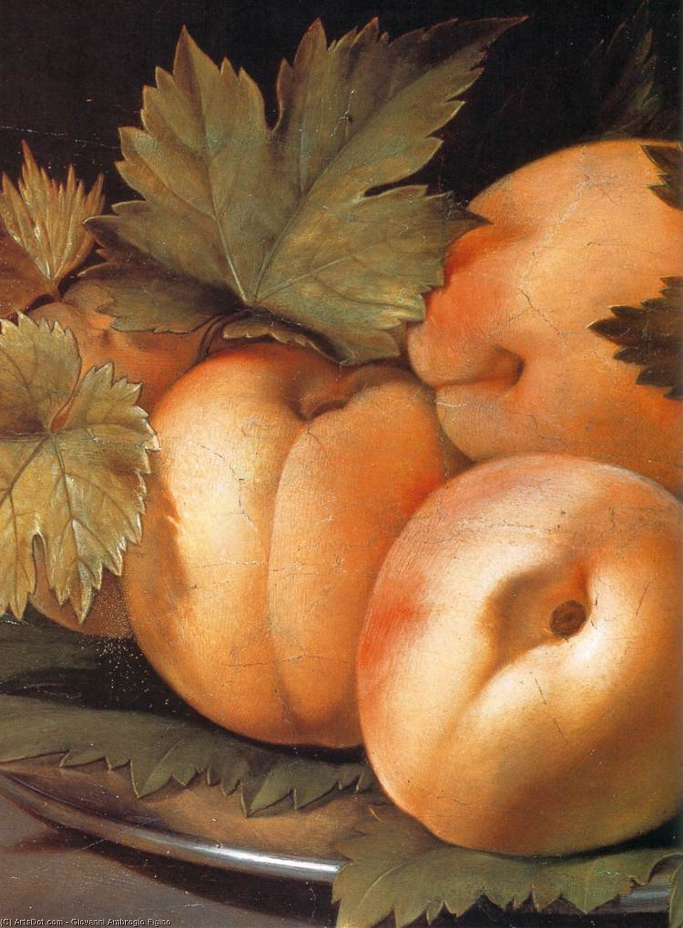 Order Artwork Replica Metal Plate with Peaches and Vine Leaves (detail), 1591 by Giovanni Ambrogio Figino (1553-1608, Italy) | ArtsDot.com