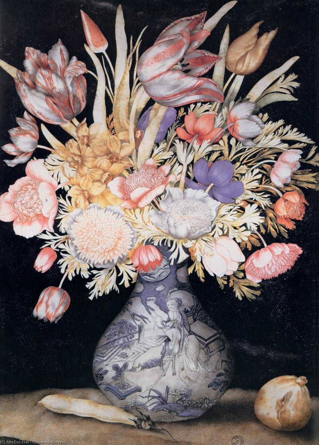 Order Oil Painting Replica Chinese Vase with Flowers, a Fig, and a Bean, 1625 by Giovanna Garzoni (1600-1670, Italy) | ArtsDot.com
