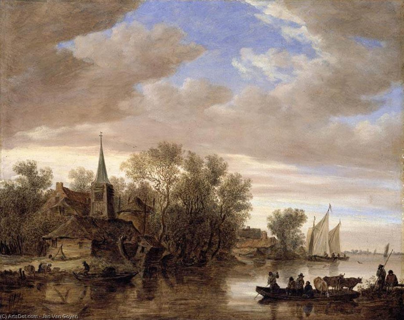 Order Oil Painting Replica River Landscape with a Cattle-Ferry, 1654 by Jan Van Goyen (1596-1656, Netherlands) | ArtsDot.com