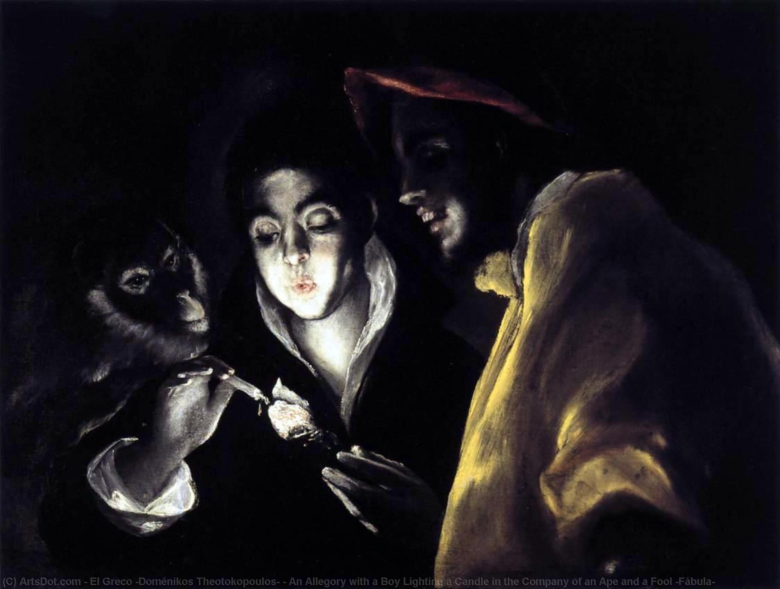 Order Art Reproductions An Allegory with a Boy Lighting a Candle in the Company of an Ape and a Fool (Fábula), 1589 by El Greco (Doménikos Theotokopoulos) (1541-1614, Greece) | ArtsDot.com