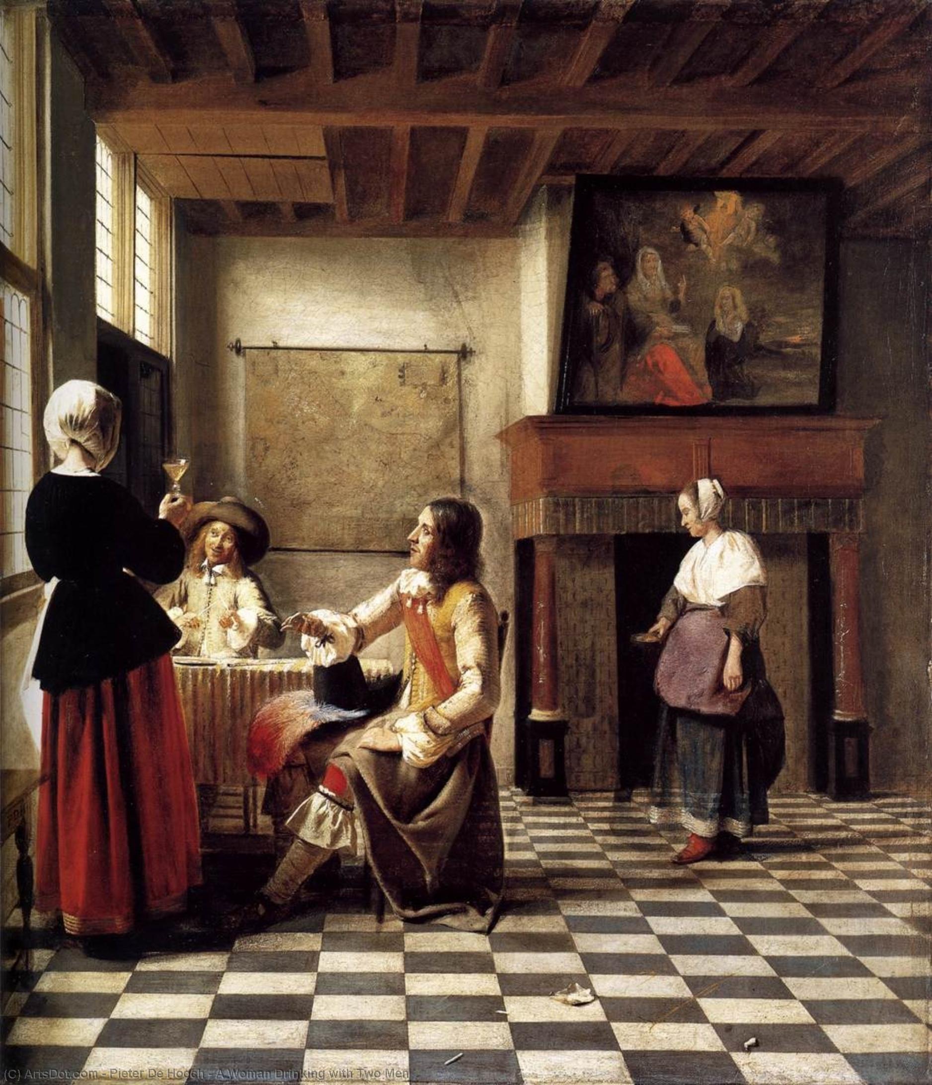 Order Oil Painting Replica A Woman Drinking with Two Men, 1658 by Pieter De Hooch (1629-1694, Netherlands) | ArtsDot.com