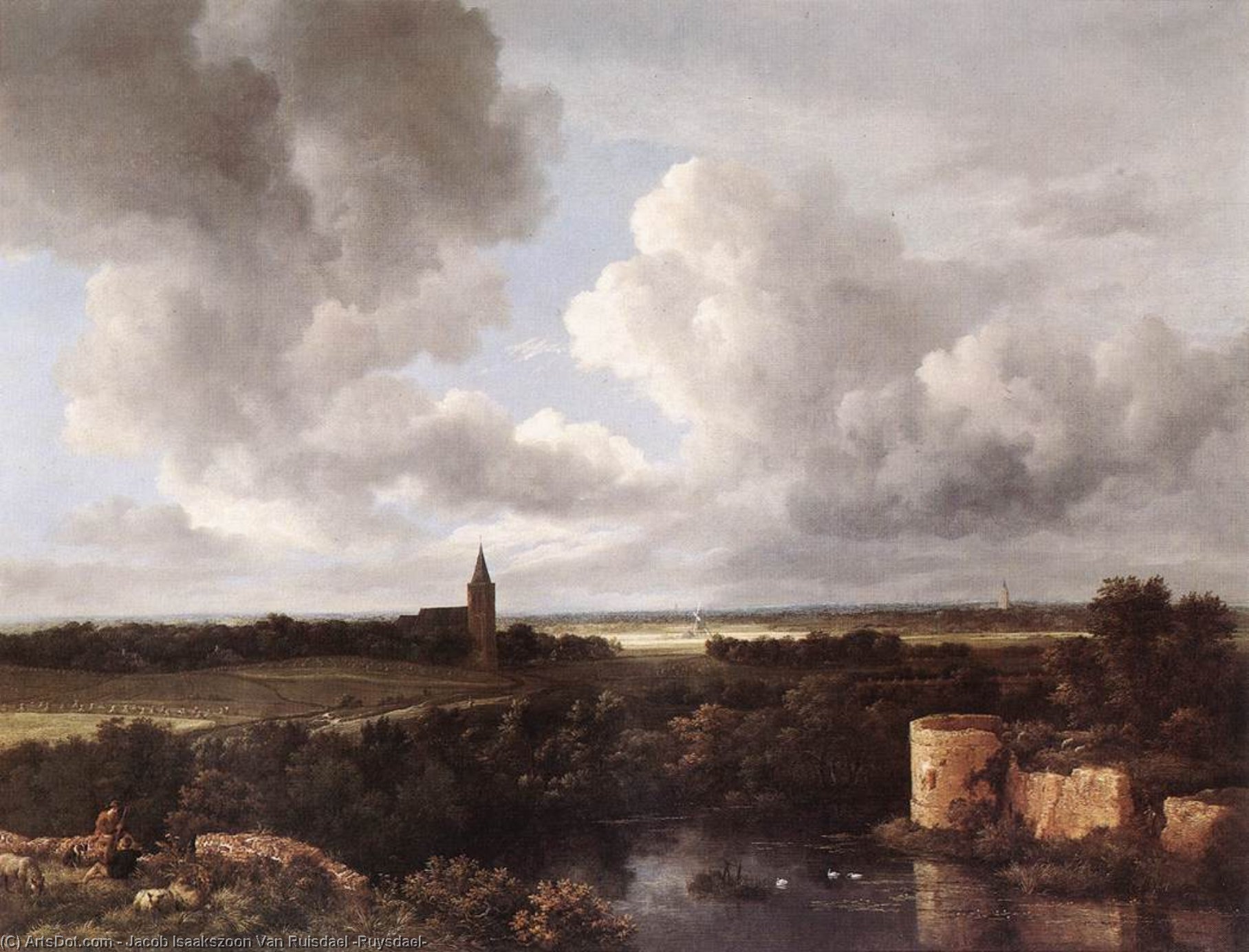 Order Paintings Reproductions An Extensive Landscape with a Ruined Castle and a Village Church, 1665 by Jacob Isaakszoon Van Ruisdael (Ruysdael) (1629-1682, Netherlands) | ArtsDot.com