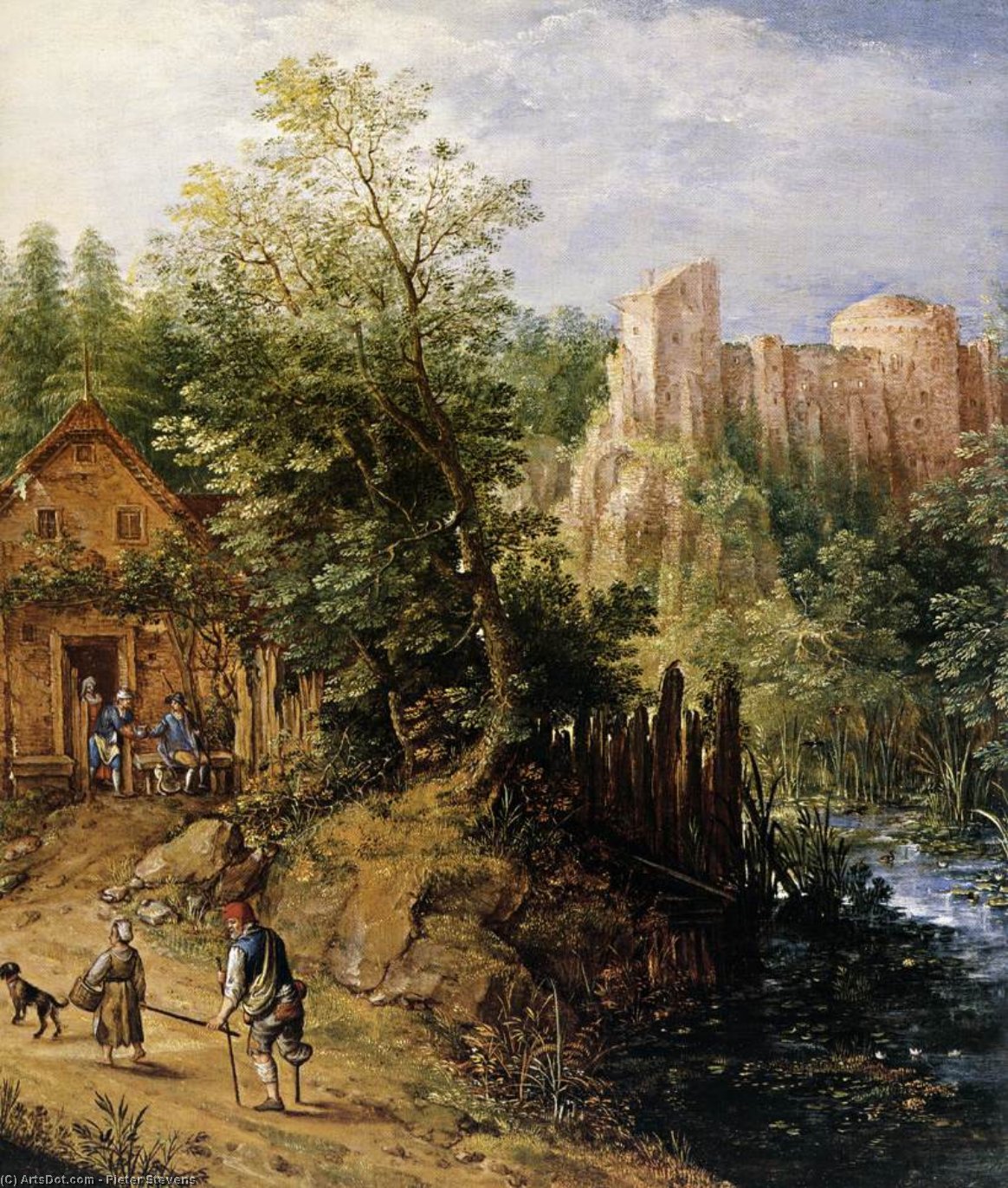 Order Oil Painting Replica Mountain Valley with Inn and Castle (detail), 1593 by Pieter Stevens (1567-1624, Belgium) | ArtsDot.com