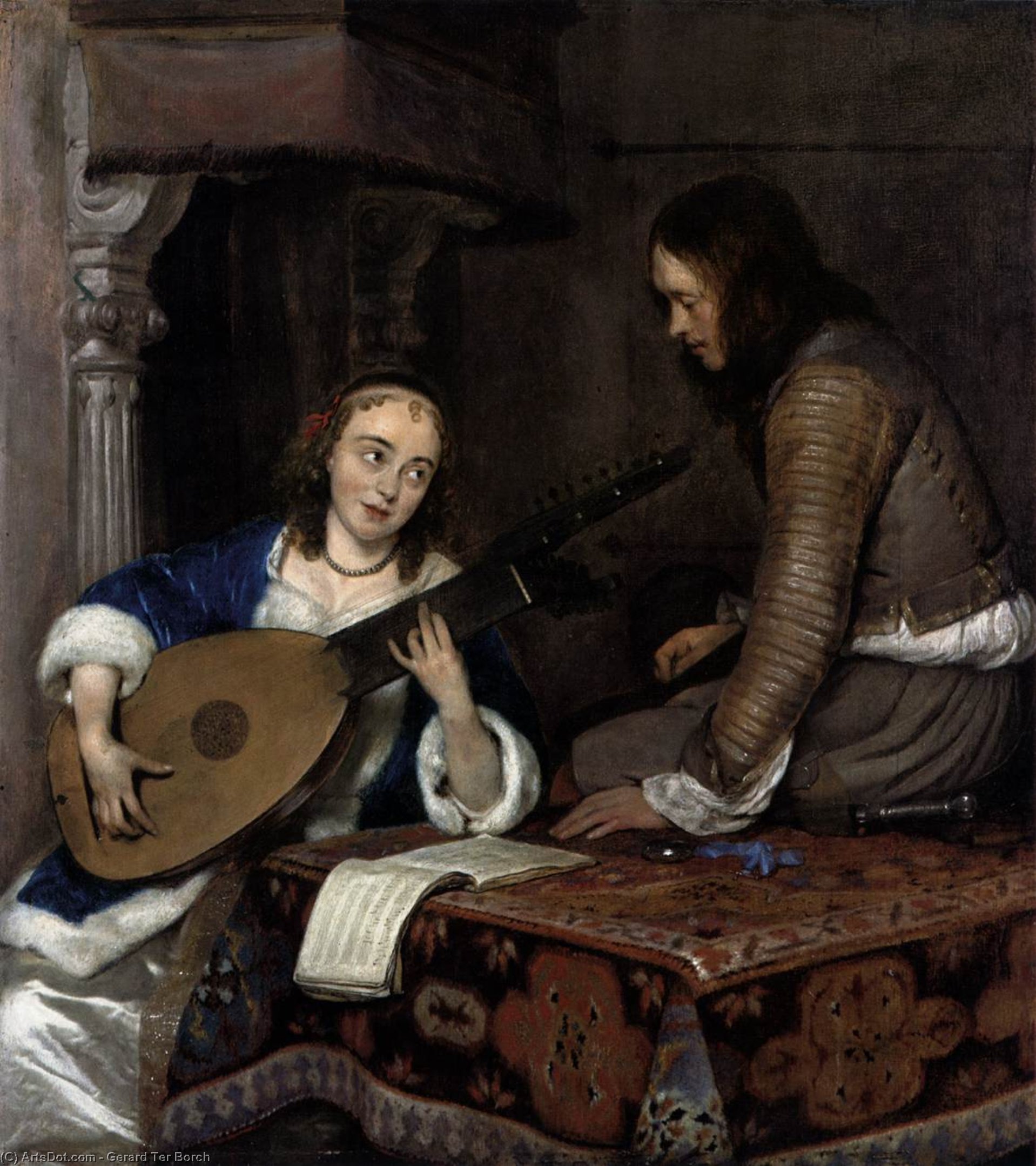 Order Art Reproductions Woman Playing the Theorbo-Lute and a Cavalier, 1658 by Gerard Ter Borch (1617-1681, Netherlands) | ArtsDot.com