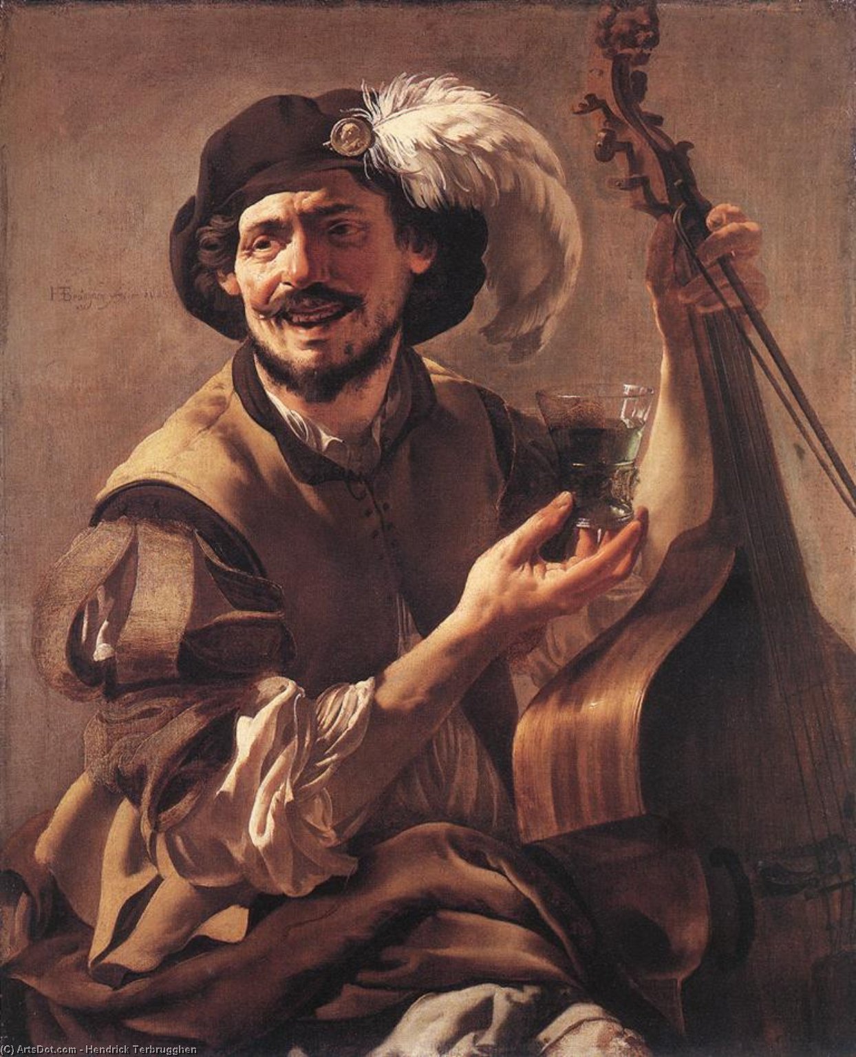 Order Oil Painting Replica A Laughing Bravo with a Bass Viol and a Glass, 1625 by Hendrick Terbrugghen (1627-1629, Netherlands) | ArtsDot.com